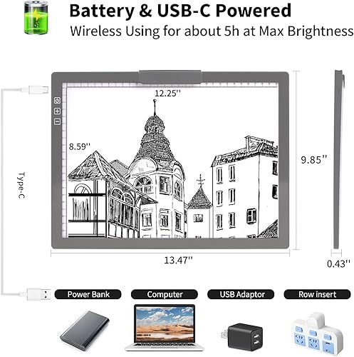 Miniatura 2 de TOHETO - Almohadilla de luz LED inalámbrica A4 con bolsa de transporte, soporte innovador y clip superior, caja de luz recargable TOHETO regulable y