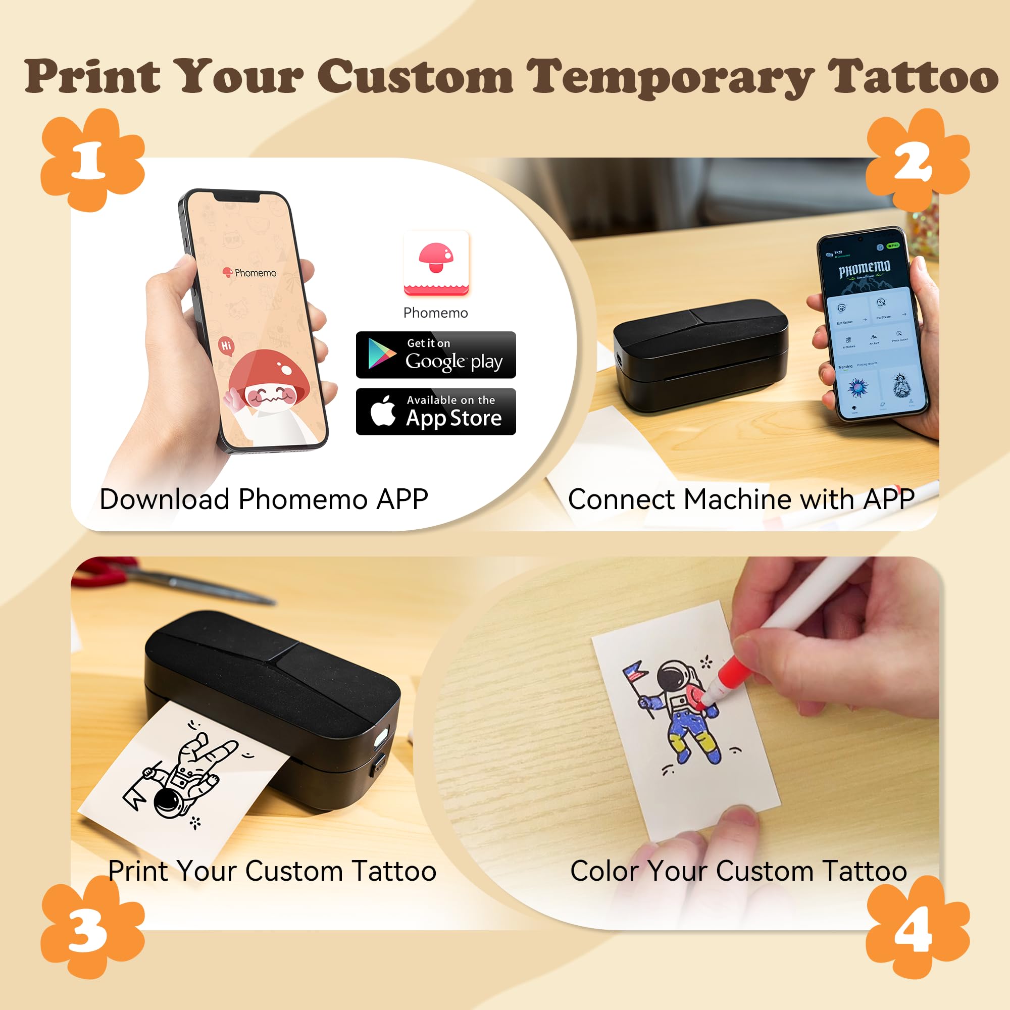 Phomemo TK32 Temporärer Tattoo Maker für Kinder, Temporary Tattoos Maschine Set mit 90 Papieren & 12 Markern, Kinder Tattoo für Malsets, Kunst & Basteln, Lernspielzeug für ab 6-8+ Jahren Geschenke