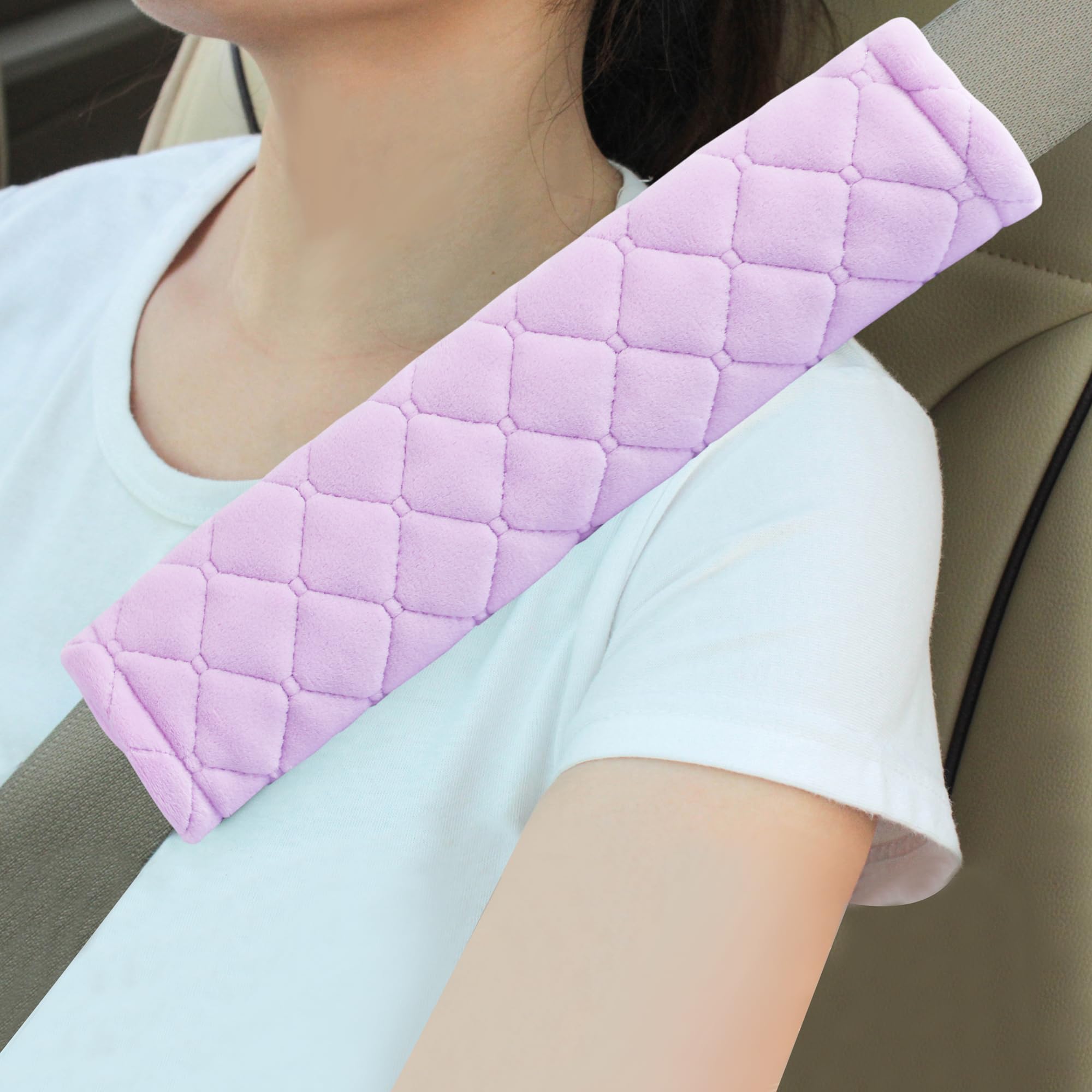 Amooca Soft Auto Seat Belt Cover Seatbelt Shoulder Pad Cushions 2 PCS for a More Comfortable Driving Universal Fit for All Cars and Backpack Light Lavender