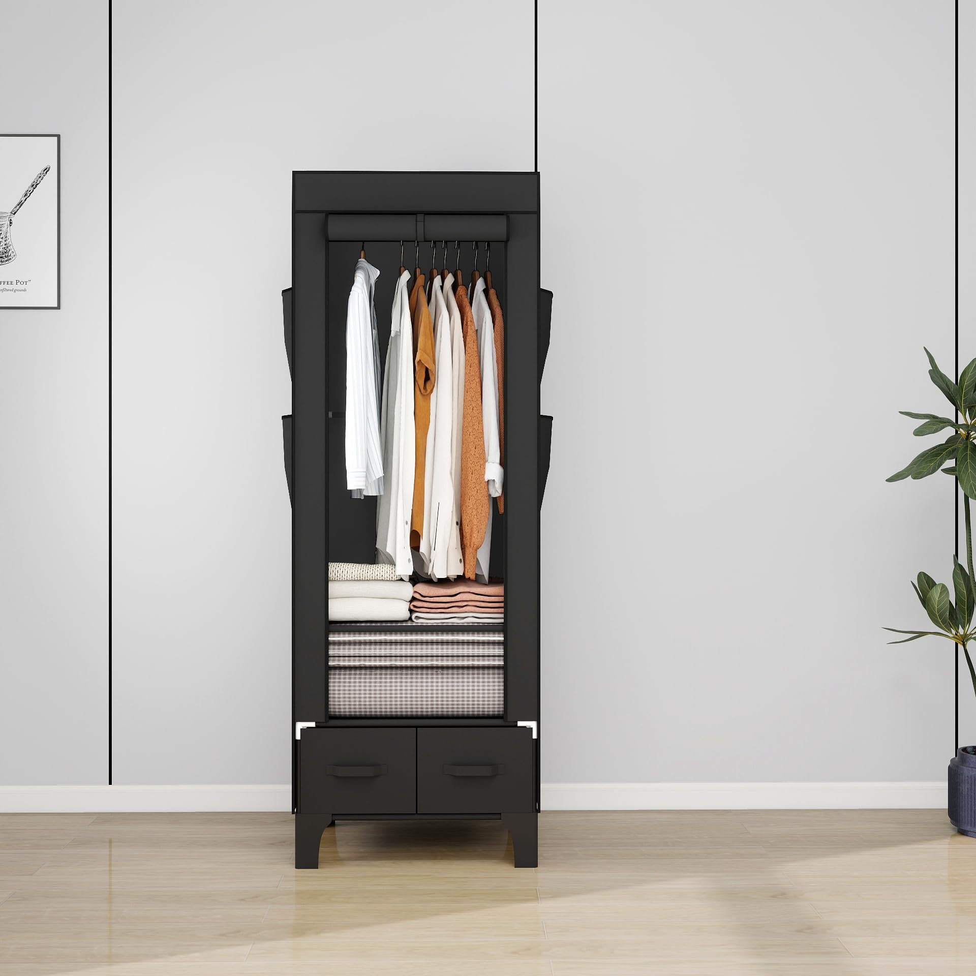 OPPAIYA Stoffschrank Stabil & Schmal 69cm, Faltbarer Kleiderschrank mit 2 Schubladen & 8 Seitentaschen, Kleiderständer Stabil mit Abdeckung, Campingschrank für Schlafzimmer, 69x45x160 cm Schwarz