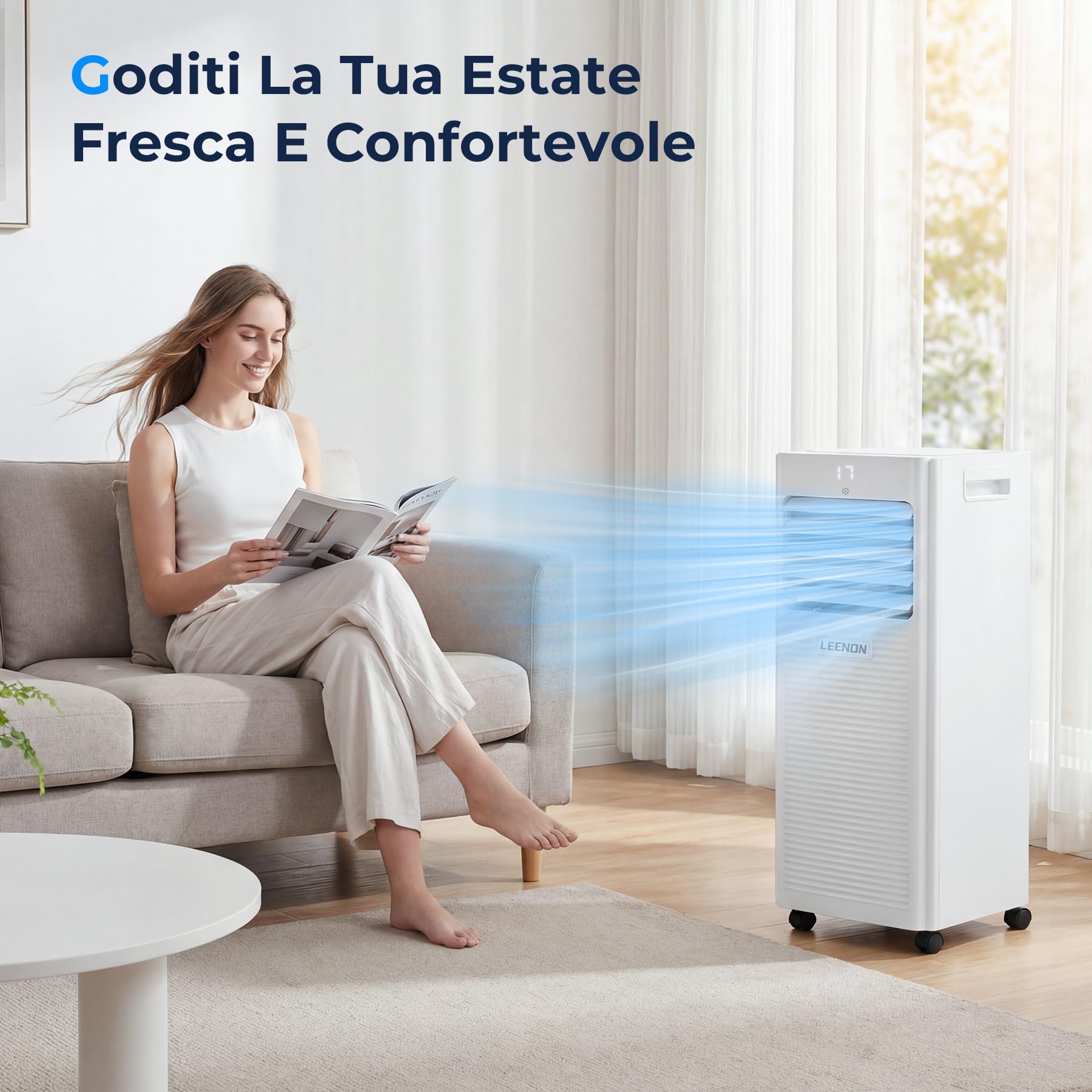 LEENON 9000 BTU Condizionatore Portatile, 4 in 1 Climatizzatore Portatile Deumidificatore Ventilazione e Modalità Sonno, Aria Condizionatore mit Telecomando, Timer 24 Ore, Kit Tubo di Scarico (35 m²)