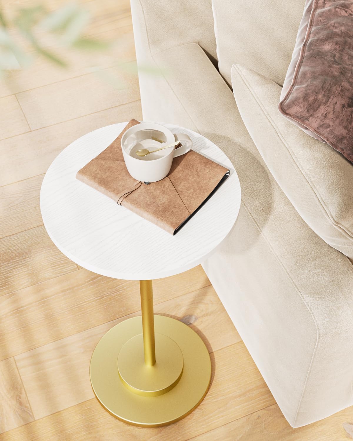 Masupu Drink Table, Round Side Table with Metal Base