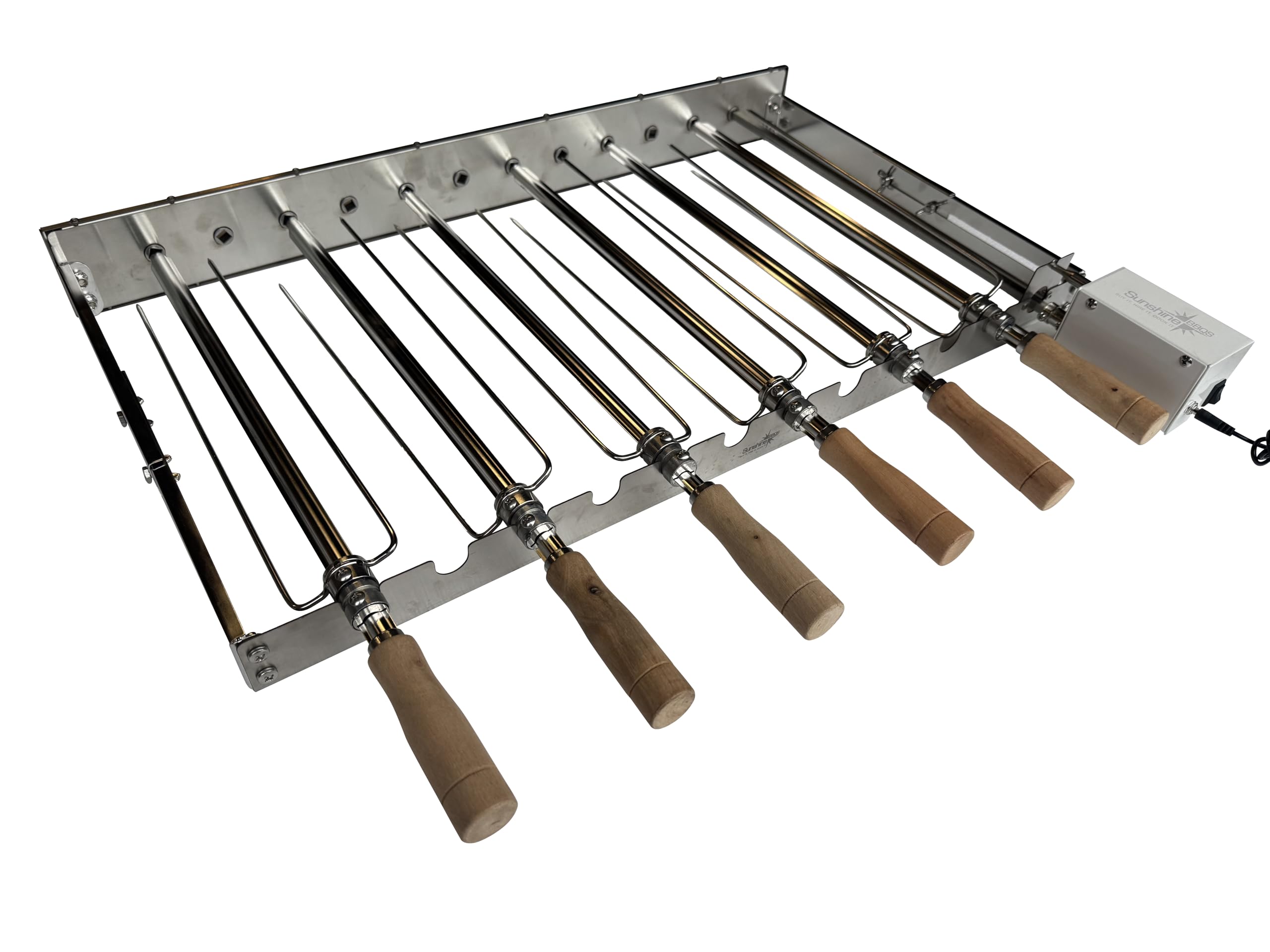Electric BBQ Rotisserie Kebab System, Stainless Steel Grill Top, 6 Skewers with Wooden Handles, Automatic Rotating