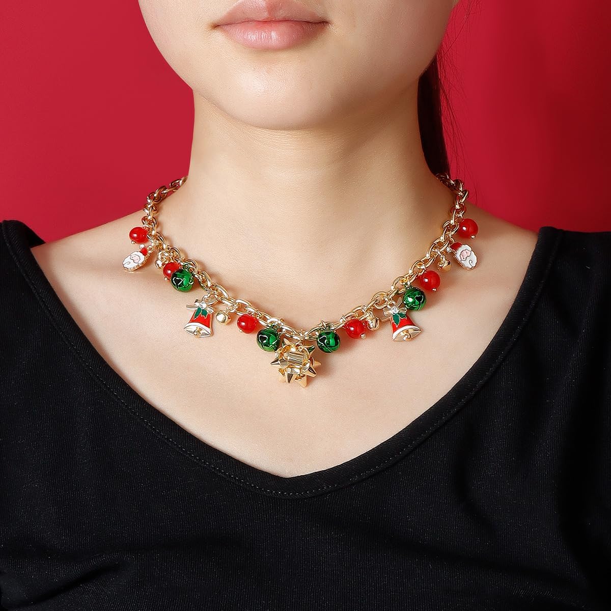 Christmas Necklace for Women Christmas Snowflake Bell Christmas Tree Pendant Necklace X-Mas Jingle Bell Pendant Necklaces Chunky Red Christmas Chokers Necklace Christmas Birthday Party Costume Jewelry - Image 2