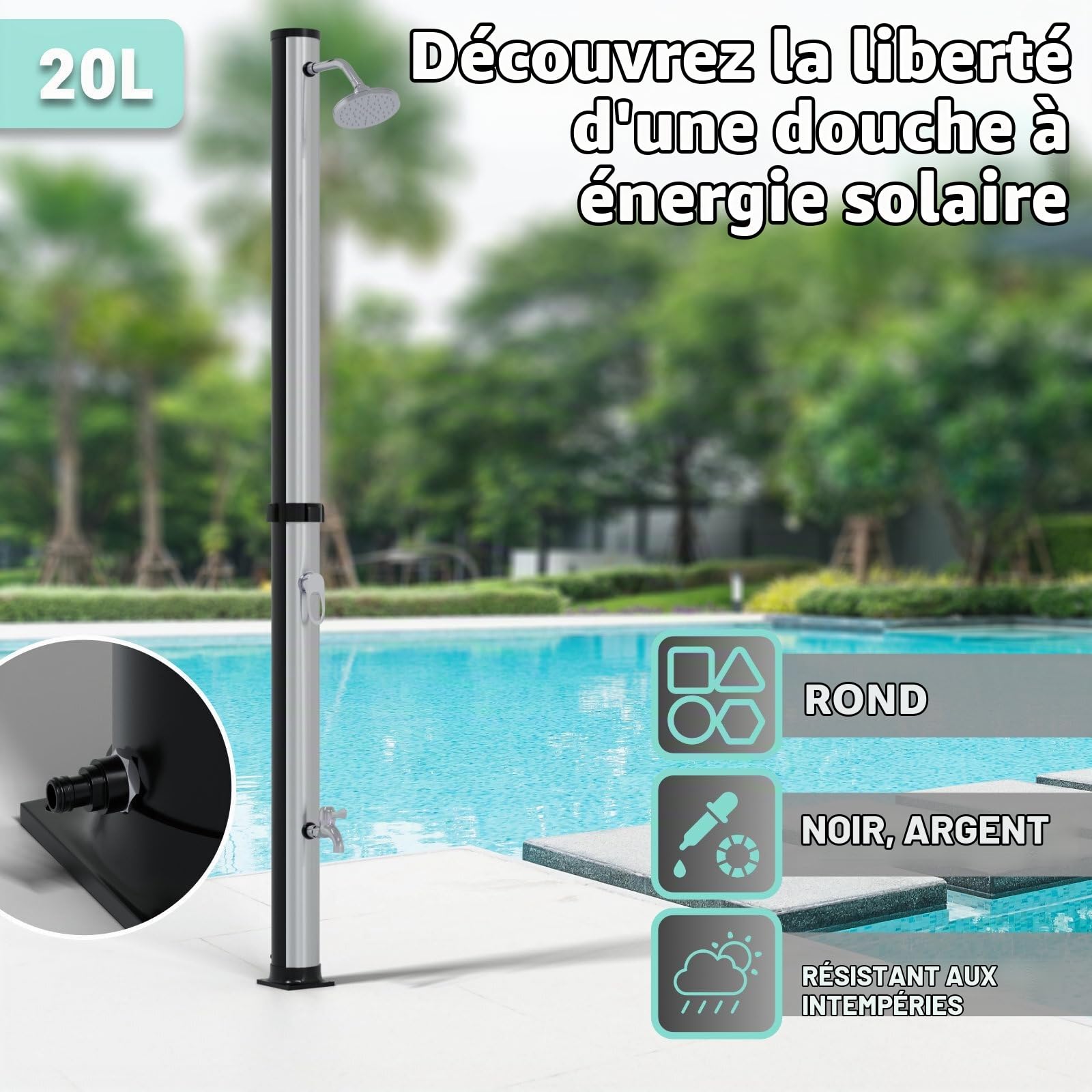 HAGO Douche solaire ronde 20 l - Noir/argenté - Douche de piscine - Douche de camping - Douche de jardin - Douche pieds d'extérieur - Universel - Sans courant
