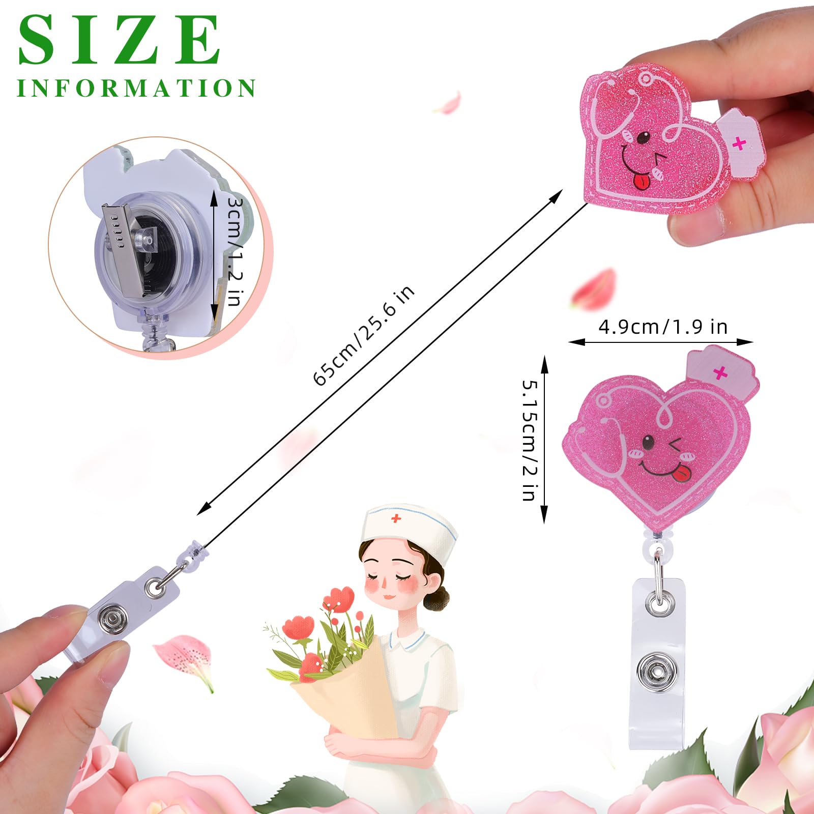 BEEFLYING Pink Heart Badge Reel Retractable Cute Nurse ID Card Badge Badge Holder with Swivel Alligator Clip for Office School Hospital Teacher Nursing Name Tag Card - Image 2