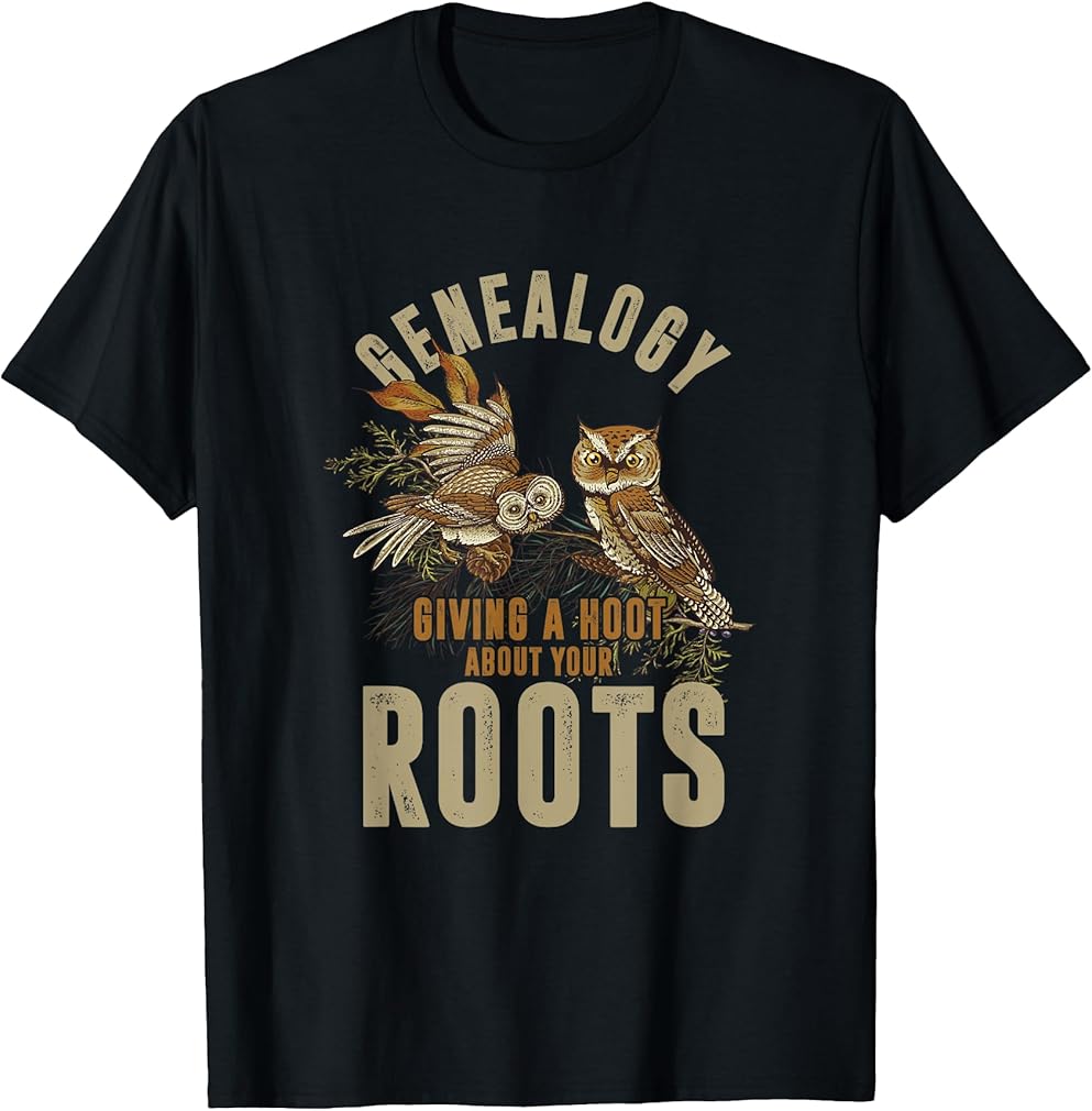 Genealogy Owl T-Shirt - Unisex-Adults - Black - Small - Short Sleeve - Cotton 60%, Polyester 40%