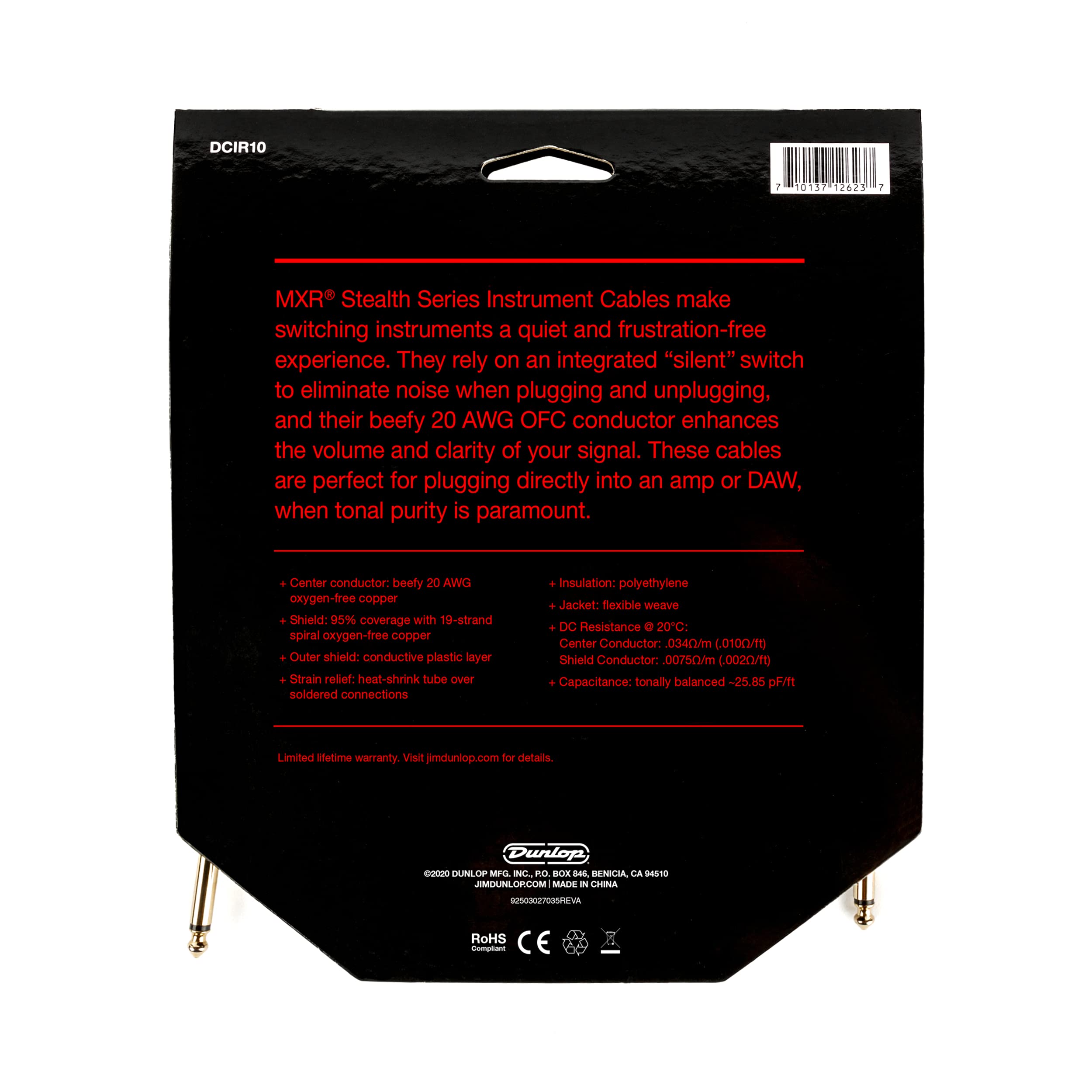 JIM DUNLOP MXR Cable Instrumento Serie Stealth, 10 pies | 3,1 m, Conector Recto de 1/4 de pulgada (DCIR10)
