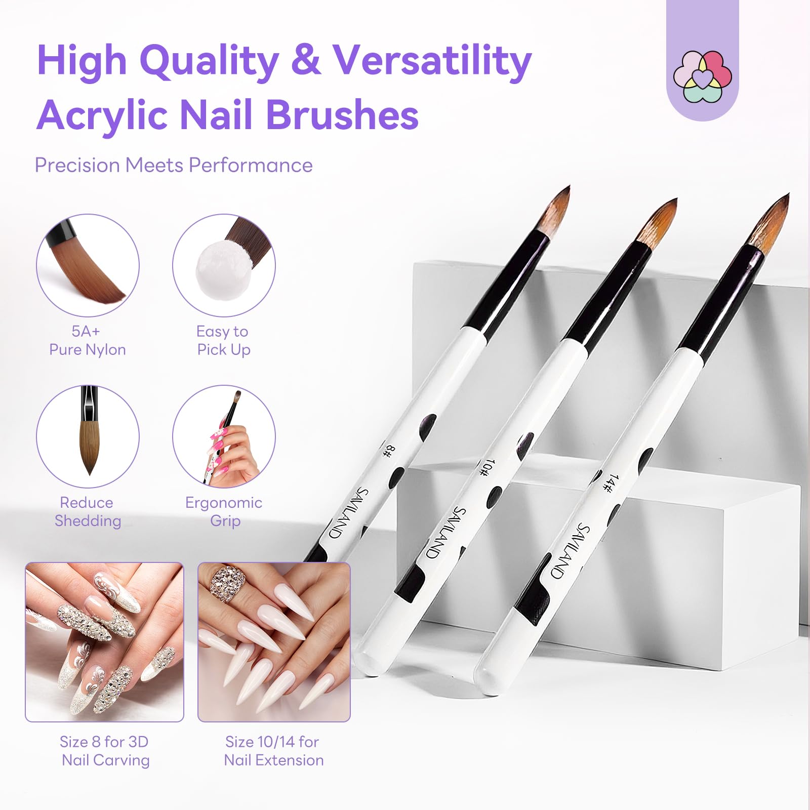 SAVILANDAcrylic Nail Kit: 3 Colors Powder, 3 Pcs Brushes (Size 8/10/14) for French Extensions & 3D Carving Art, Beginner DIY Home - Image 4