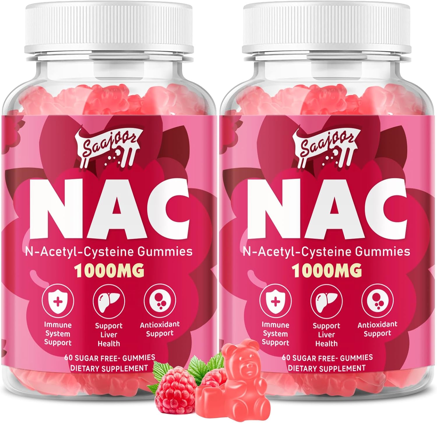 2 Pack NAC Gummies Sugar-Free, N-Acetyl Cysteine NAC Supplement 1000mg for Antioxidants, Immune Support, Non-GMO, Gluten-Free, Vegan – Raspberry Flavor, 120 Gummies
