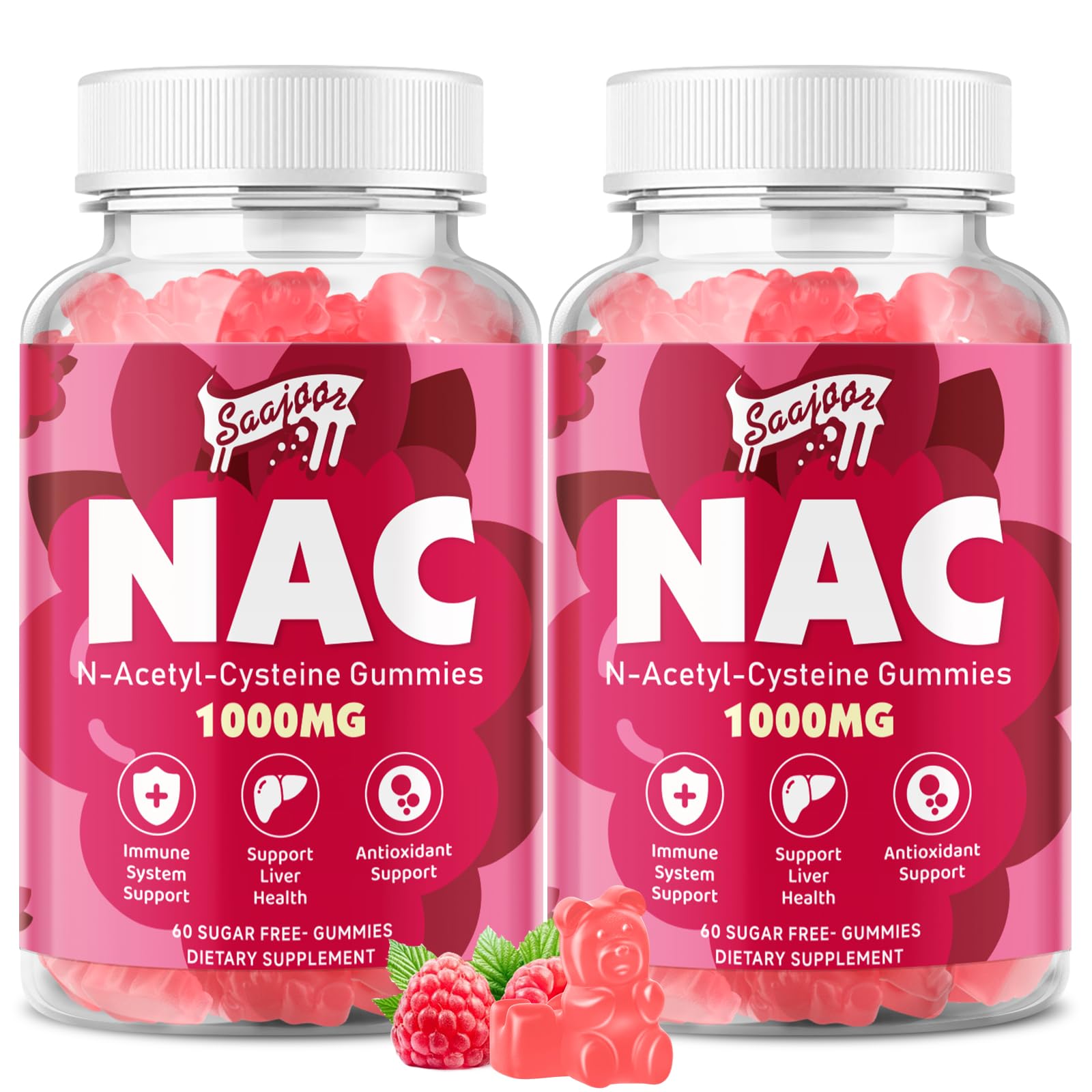 2 Pack NAC Gummies Sugar-Free, N-Acetyl Cysteine NAC Supplement 1000mg for Antioxidants, Immune Support, Non-GMO, Gluten-Free, Vegan – Raspberry Flavor, 120 Gummies