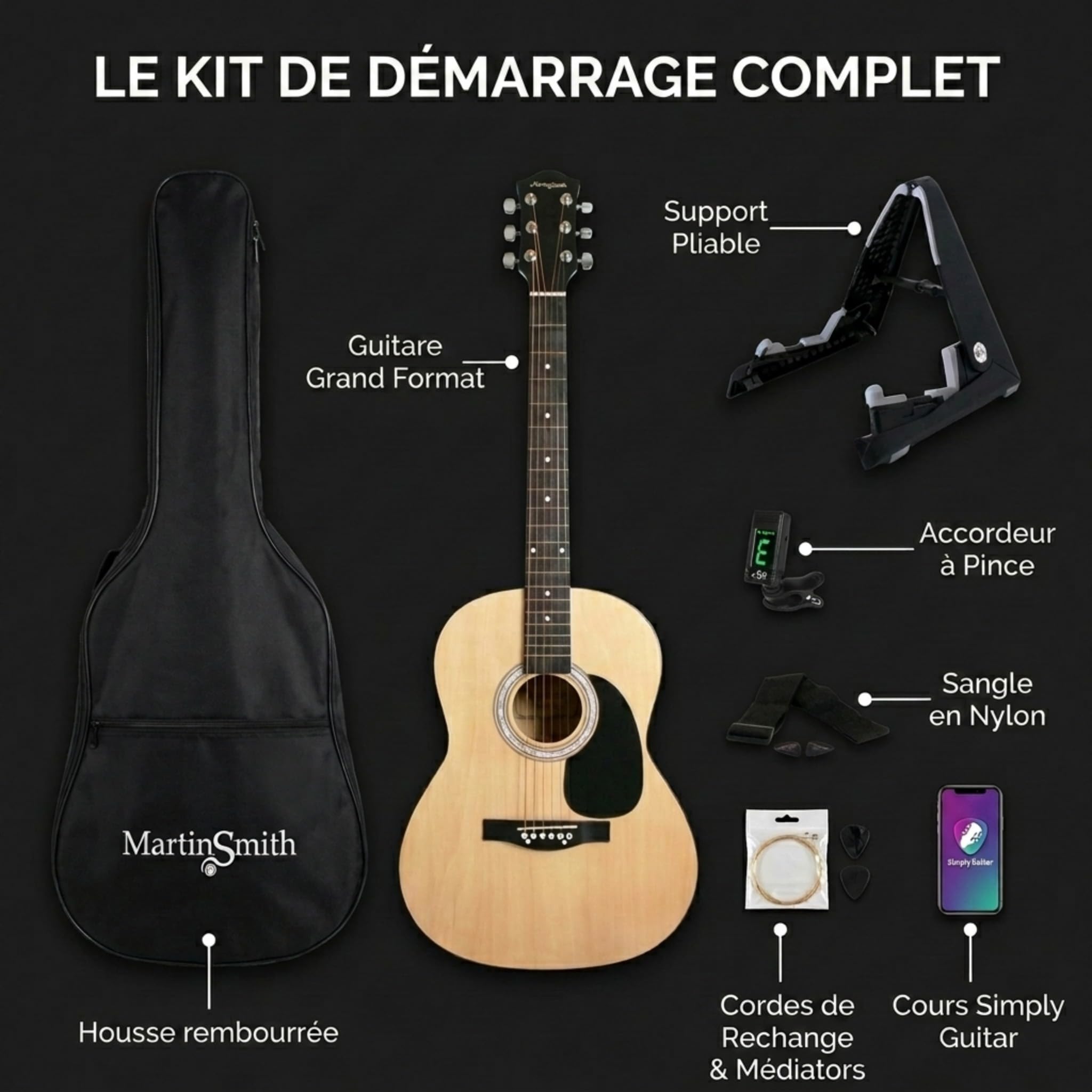 Martin Smith Kit Guitare Acoustique Taille Standard pour Débutants, Naturel, 6 Cordes Acier avec Support, Accordeur, Housse, Sangle, Médiators et Cours