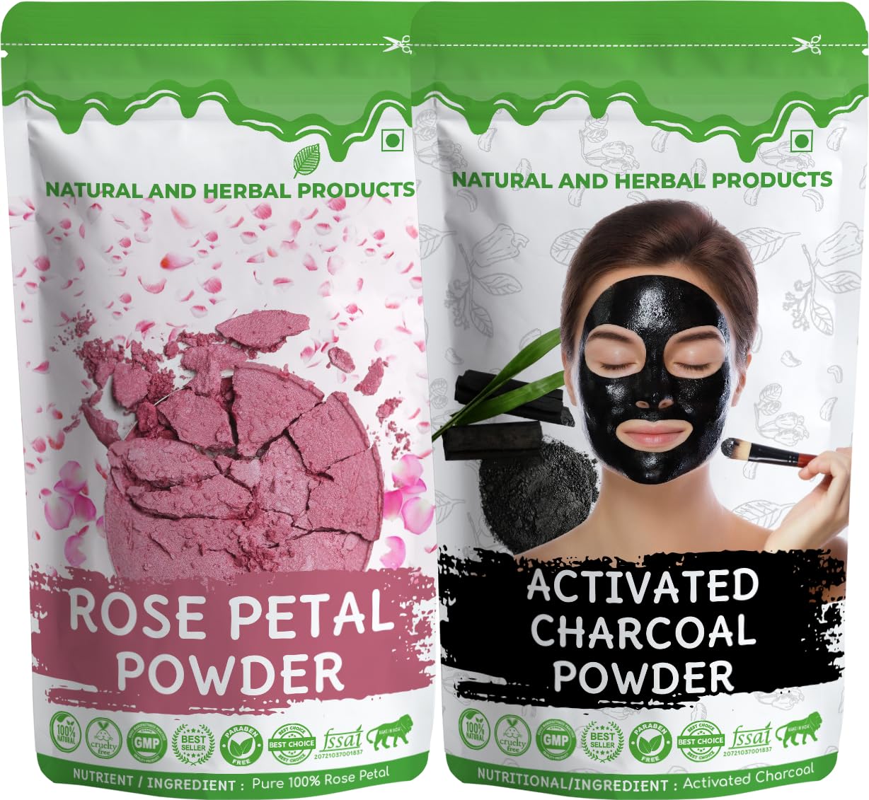 rose petal powder + activated charcoal powder combo (100% pure & natural) | herbal skin care combo for deep cleansing, glow & detox | chemical-free & preservative-free (pack of 2)