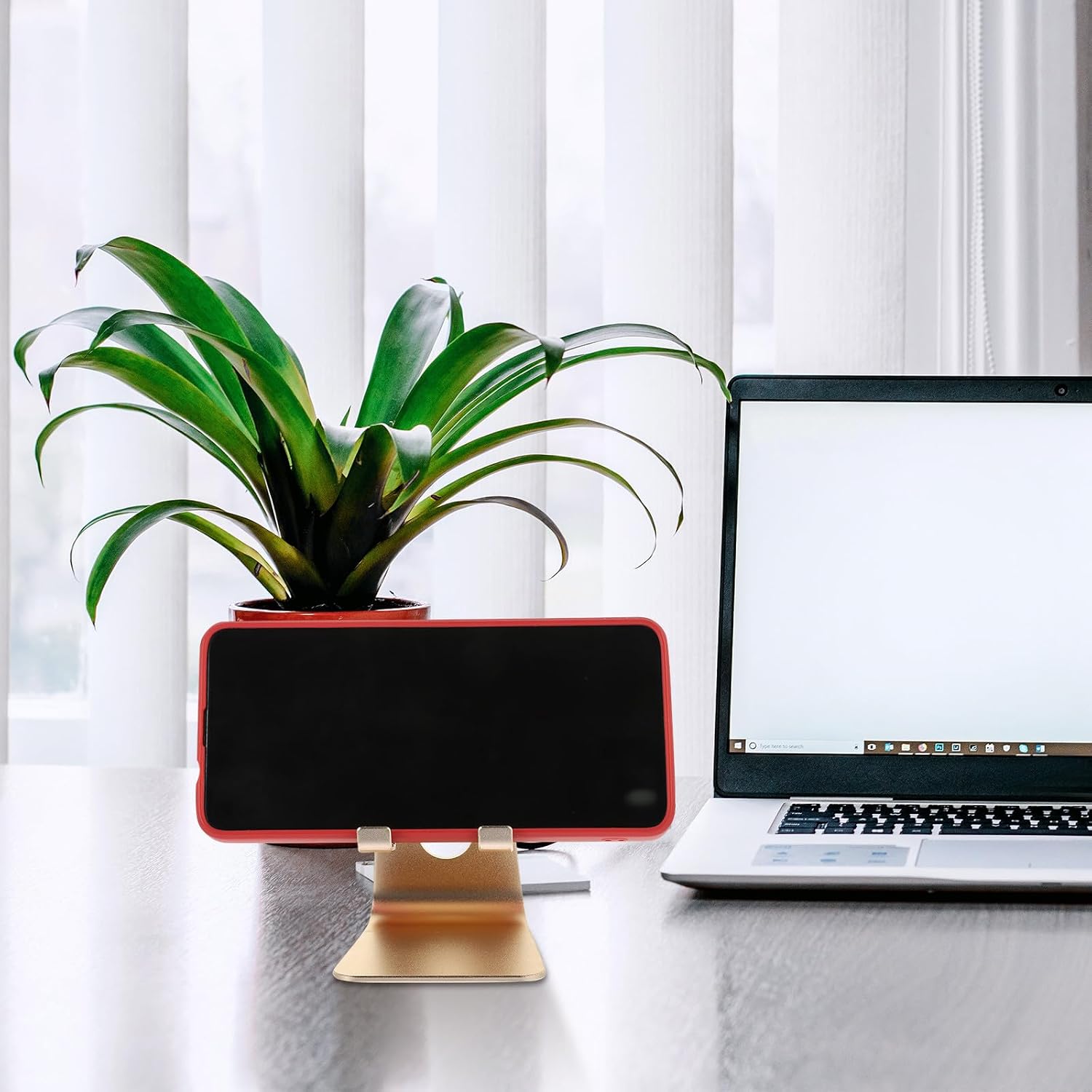 Healeved Creative Metal Adjustable Phone Stand, Desktop Tablet Holder Alloy Phone Holder for Live Streaming and Online Classes, Golden Smartphone Desk Mount for Home and Office image 4