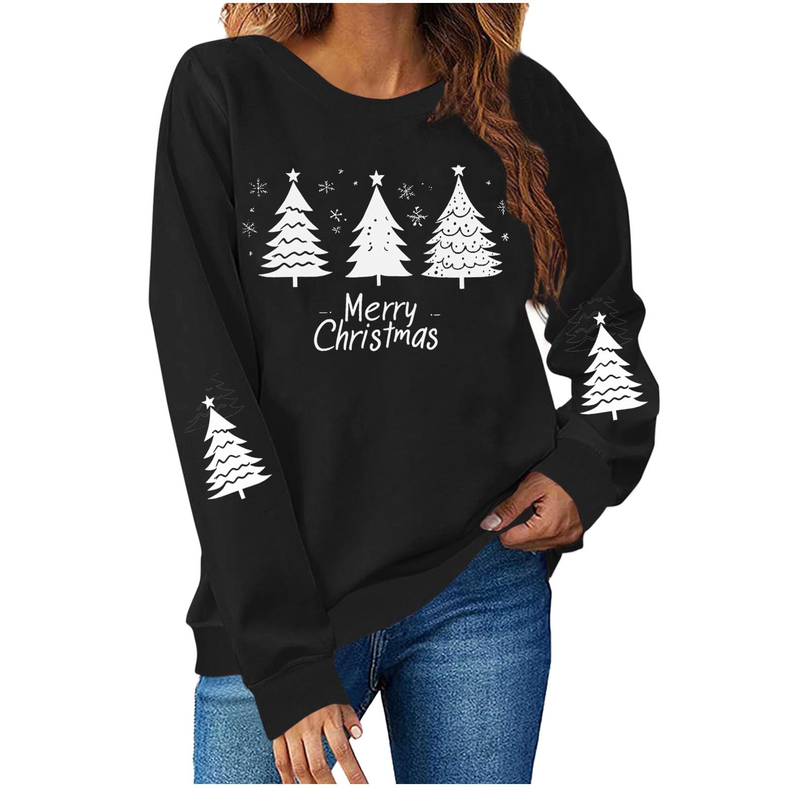 Merry Christmas Sweatshirt for Women Xmas Tree Graphic Pullover Tops Loose Casual Long Sleeve Shirt Christmas Sweater