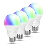 Amazon Basics Smart A19 LED Light Bulb, Color Changing, 9W (60W Equivalent), 800LM, Works with Alexa Only, 2.4 GHz Wi-Fi, No Hub Required, 4 Pack