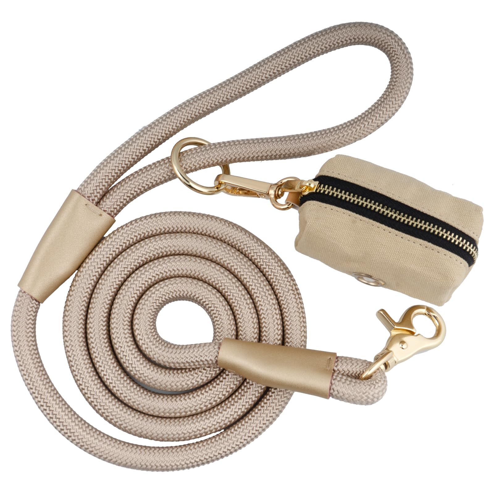 Guinzaglio per cani in corda di nylon con supporto per sacchetti per cacca, resistente, guinzaglio per cani con manico morbido, per tutte le razze (marrone chiaro, 1,5 m x 10 mm)