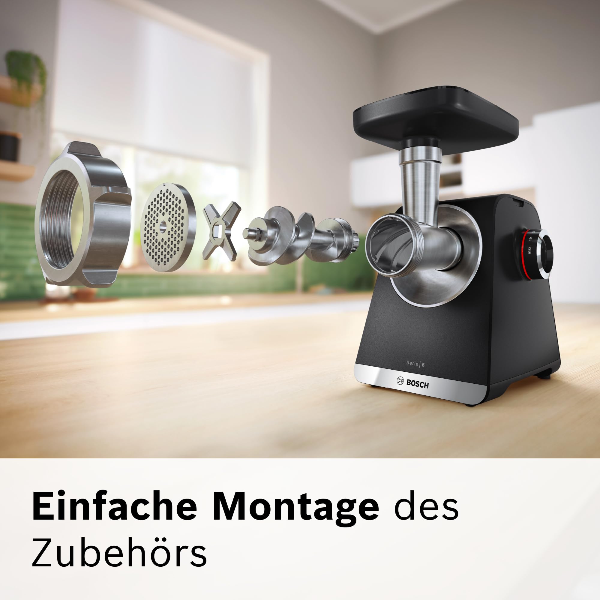 Bosch Fleischwolf Serie 6, 3 Lochscheiben (3, 4,5/8 mm) Edelstahl, spülmaschinenfest, Entsafter, Wurst-/ Kebbe-Aufsatz, elektrisch, stark, kompakt, 2.100 W, schwarz, MultiPower MFWS650B