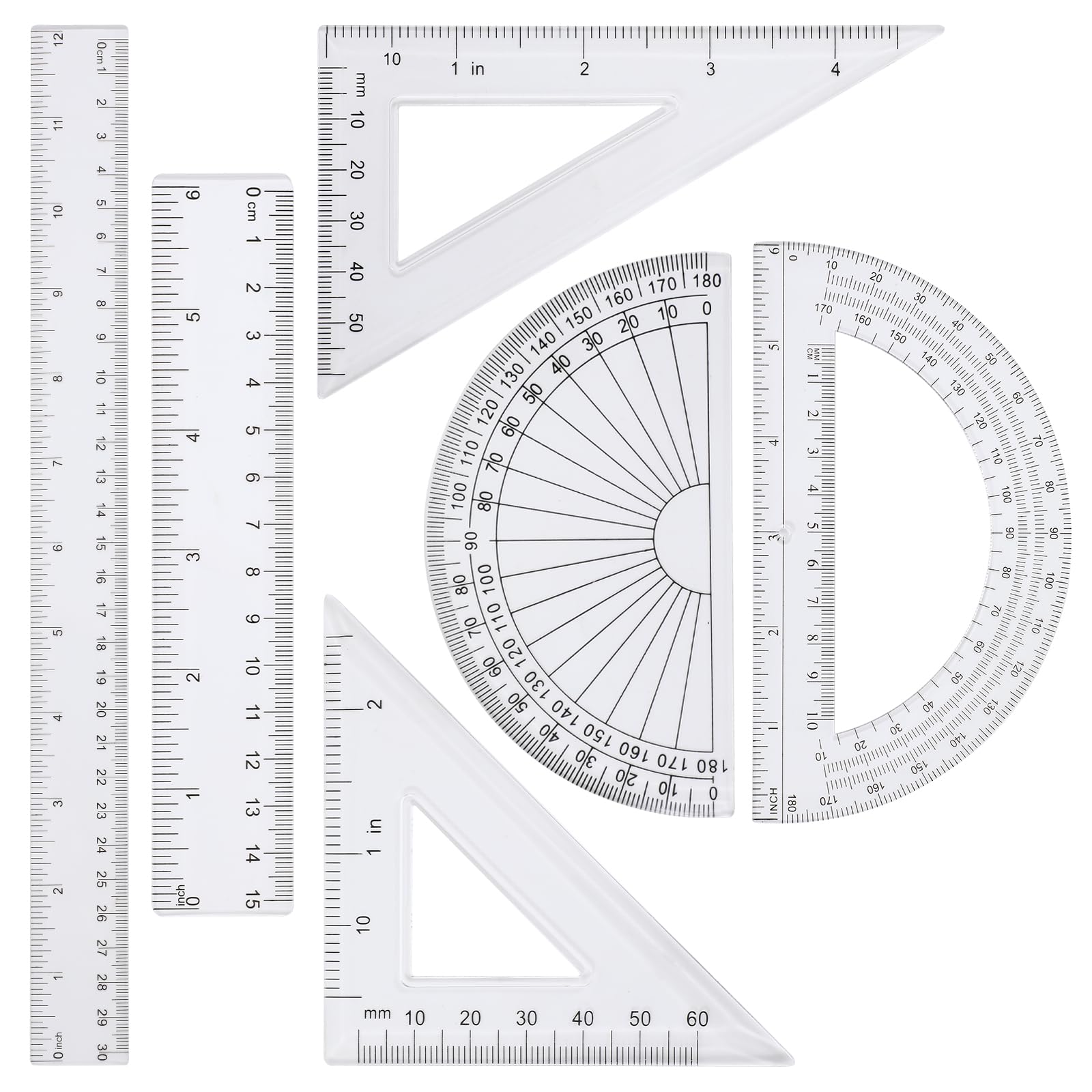 6 pcs Clear Ruler Protractor Rule Set, Includes 12 Inch 6 Inch Straight Ruler for Drawing, Triangle Rulers and Protractor Set, Math Geometry Tool, for