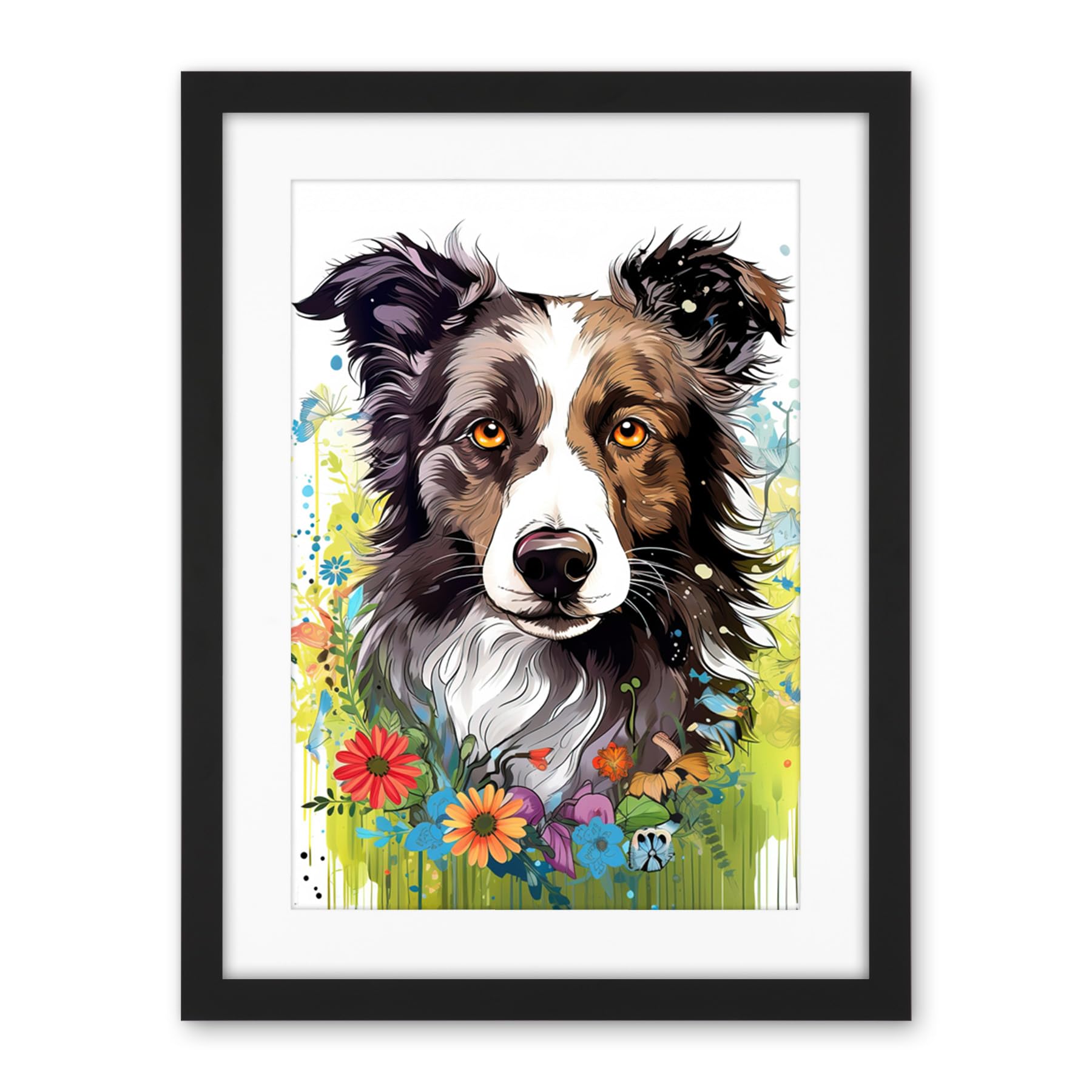 Artery8 Border Collie Dog Bright Watercolour Painting Floral Portrait with Wildflowers and Butterflies Artwork Framed Wall Art Print 18X24 Inch