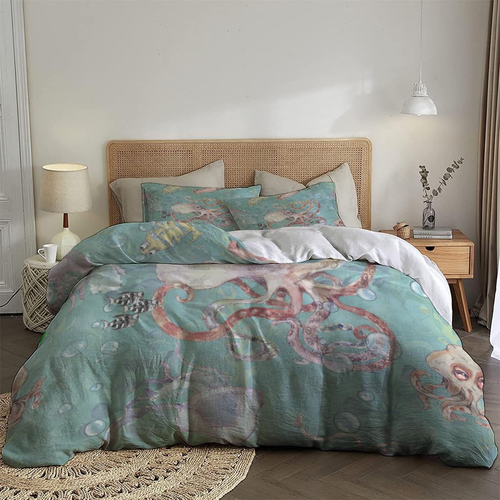 NIBAINLO 布団カバー海中-航海-水彩-ヴィンテージの海の生き物 ライトブルー 肌に優しい ピーチスキン加工 掛け布団カバー 和式 洋式 あったか 布団カバーセット リバーシブル ホームステイ ホテル 家庭兼用