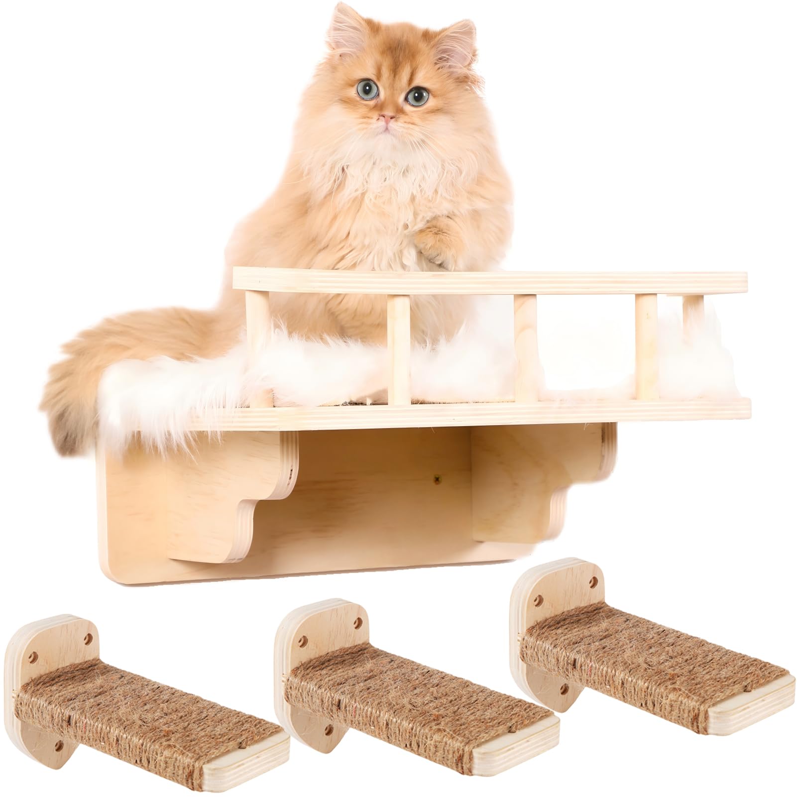 COOLEX Cat Wall Shelf with 3 Cat Wall Steps,Cat Wall Shelves with Plush Coverd,Cat Climbing Shelf for Indoor Cat,Cat Wall Furniture Cat Shelf for Wall (Wood)