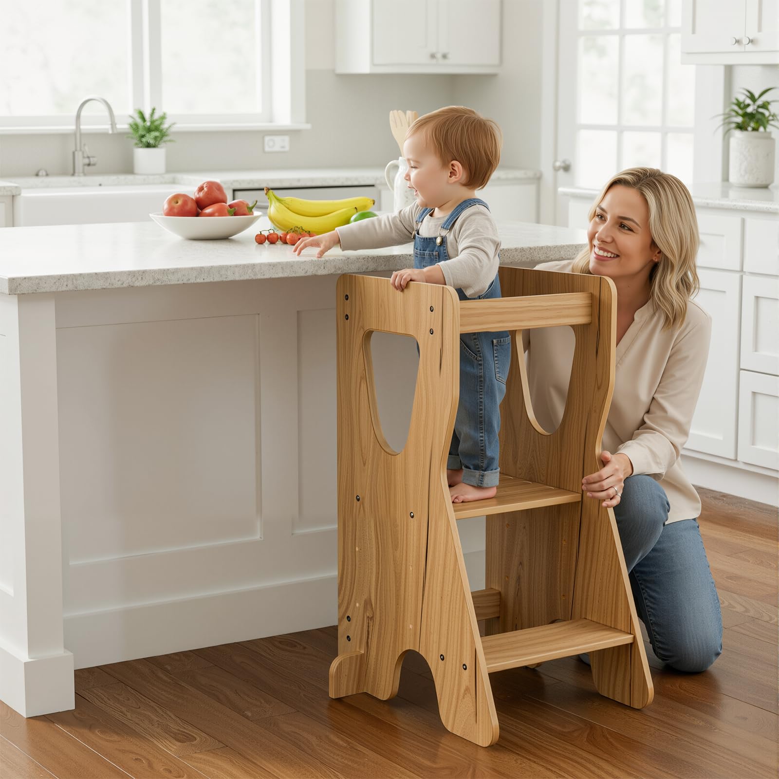 COSYLAND Lernturm ab 1 Jahr - Learning Tower - Höhenverstellbar Montessori Lernturm mit Kippschutz, Natur