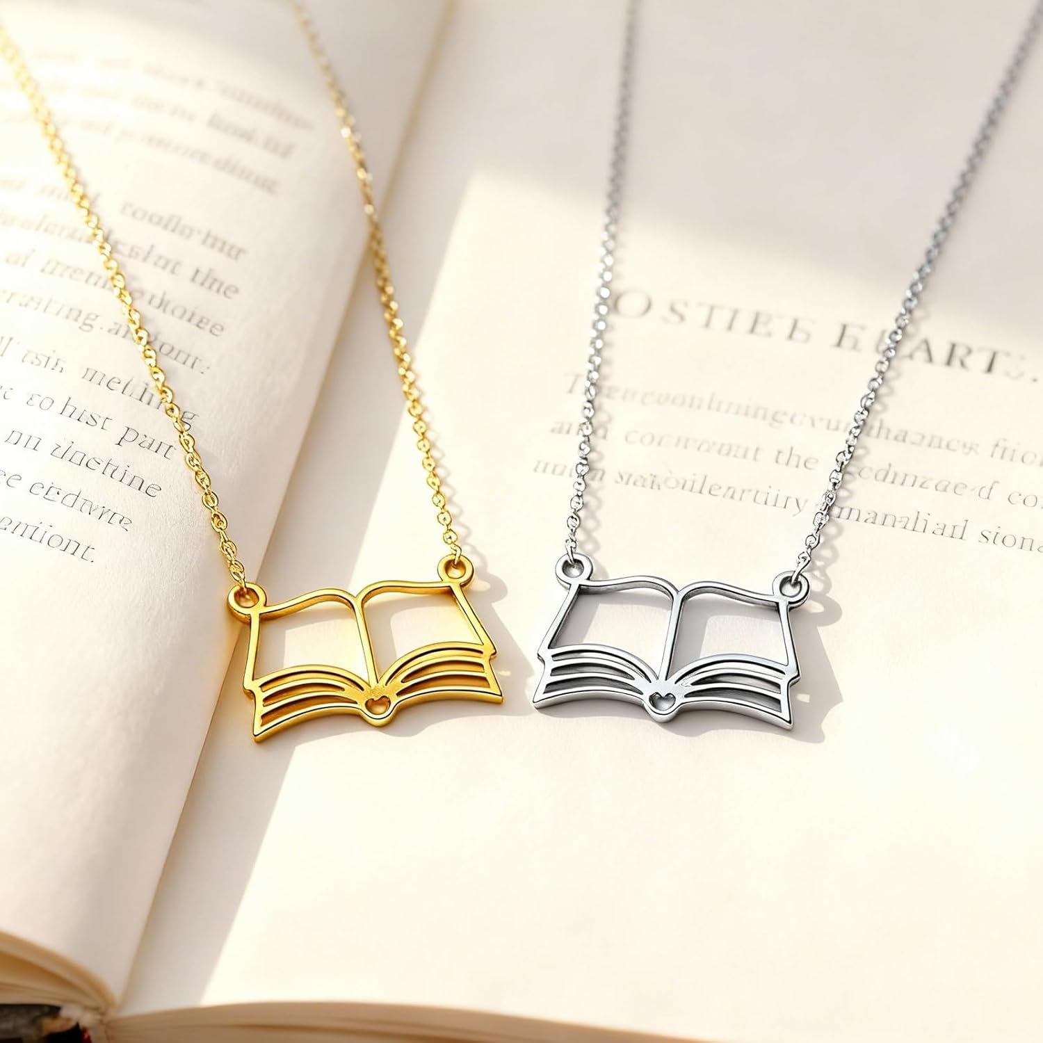 Book Necklace for Women, Open Book Shaped Necklace Jewelry Reading Gifts for Librarian Bookish Bookworm Book Lovers Book Club Gifts for Teacher,Birthday (golden+sliver) - Image 2
