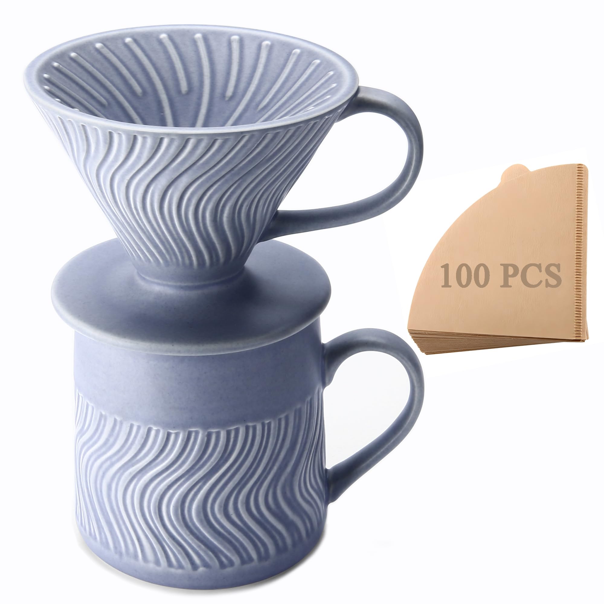 Polydremio Pour Over Coffee Maker with 100 Sheets of V60 Paper Filter, 450 ml Ceramic Coffee Mug & Coffee Dripper, 1 Cup-Single brew coffee set, Purple