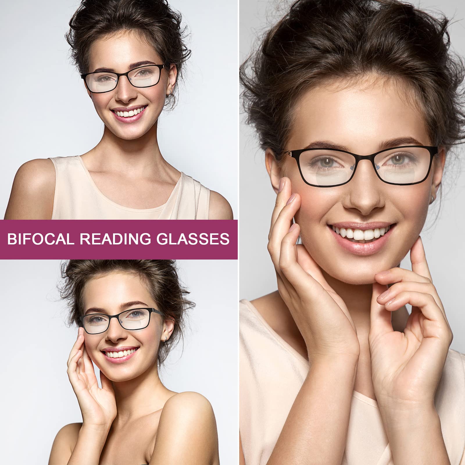 Bifokale Lesebrille für Damen, blaues Licht, transparente Kappe, Computerleser, breiter Metallrahmen, elegante Design-Gläser