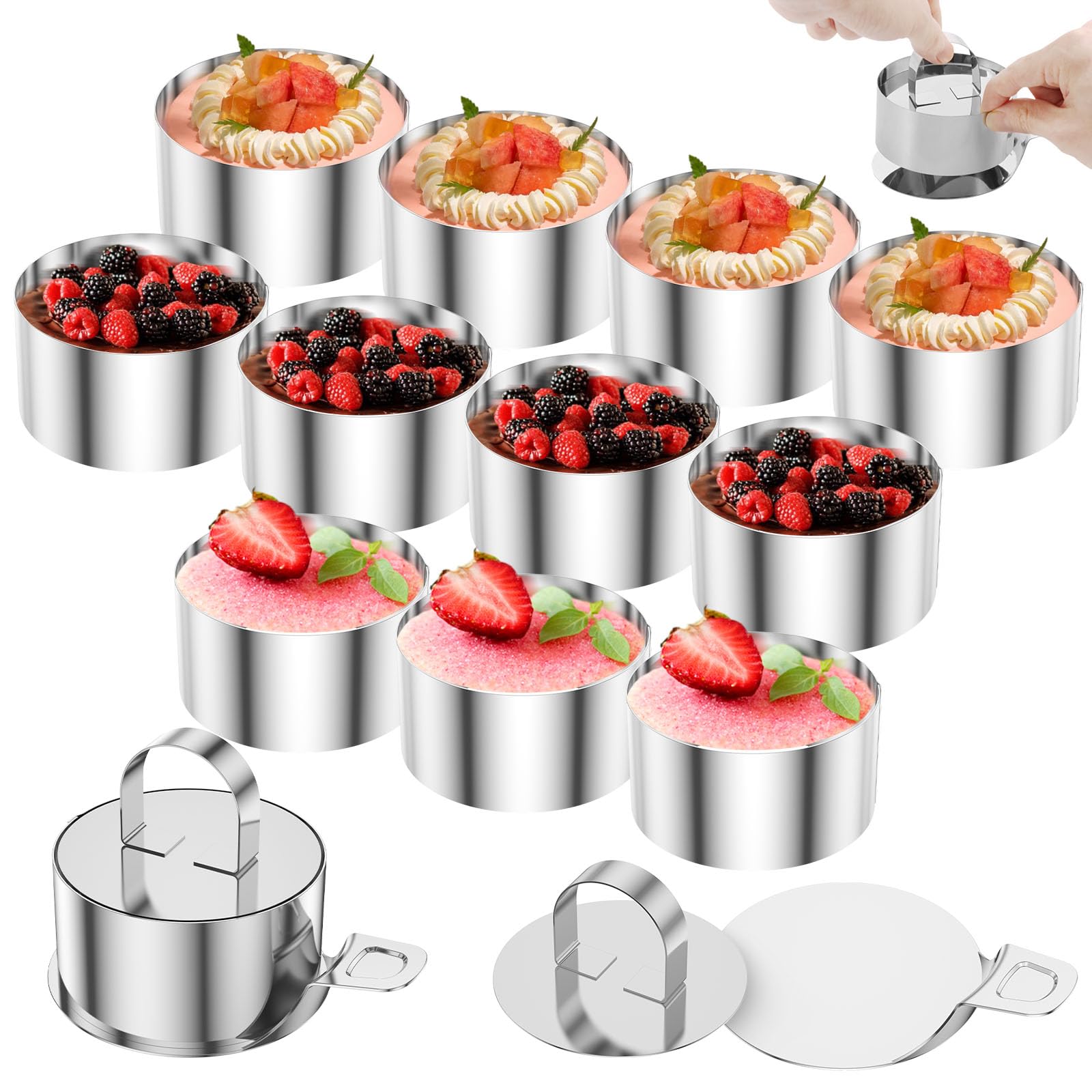 12Pcs Cake Ring Molds Set with Base and Lids, Stainless Steel Easy Release Cake Cutter for Baking, 3 Inch Cooking Ring, Dessert Moulds Baking Tool for Family Cooking Eggs Pastry Mousse Desserts