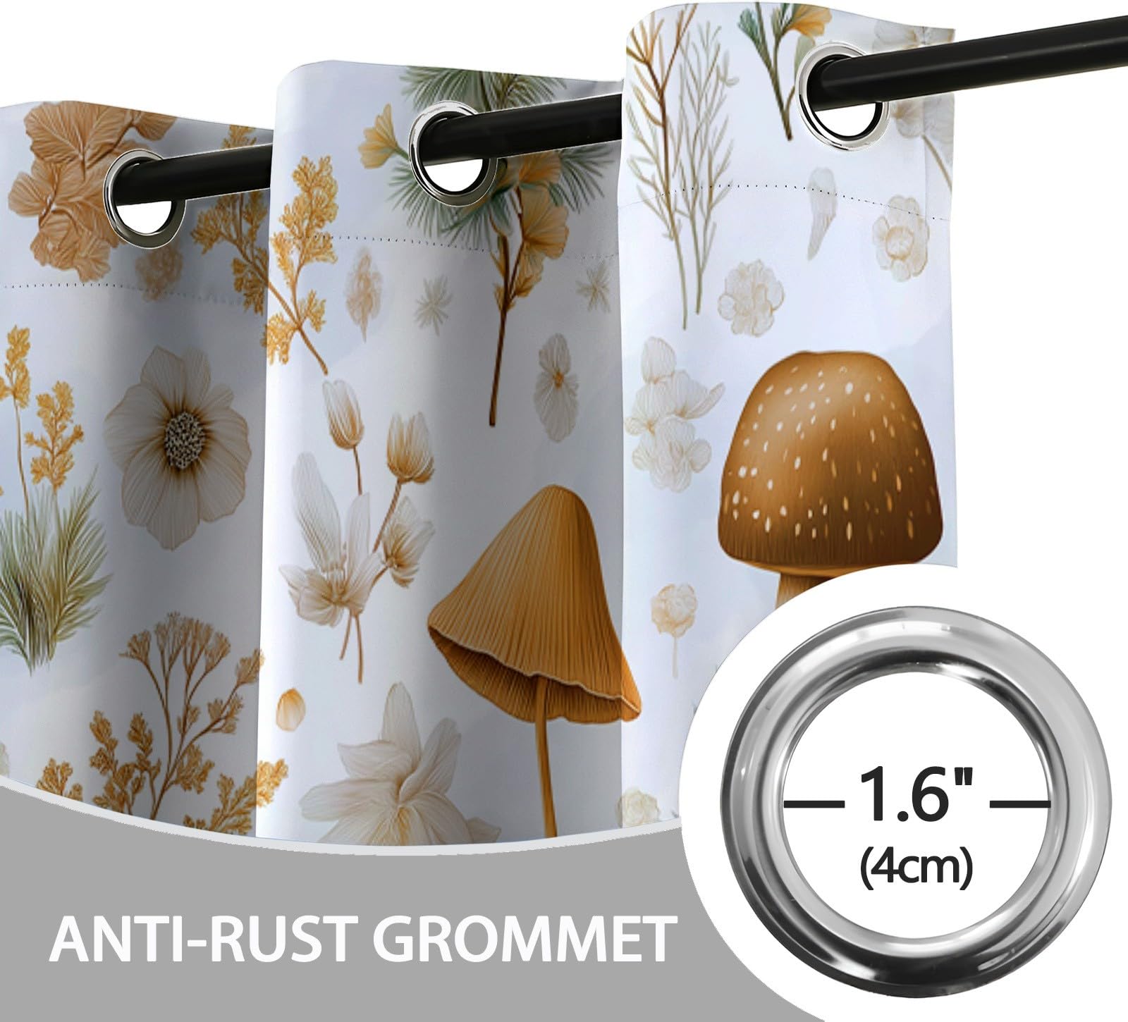 Verdunklungsvorhänge für Pilz, 100 x 178 cm (B x H), für Jungen Mädchen, Blickdichte Gardinen Ösenpaar, Handgezeichnete Pilzen Blumen Und Pflanzen Vorhänge für Kinderzimmer
