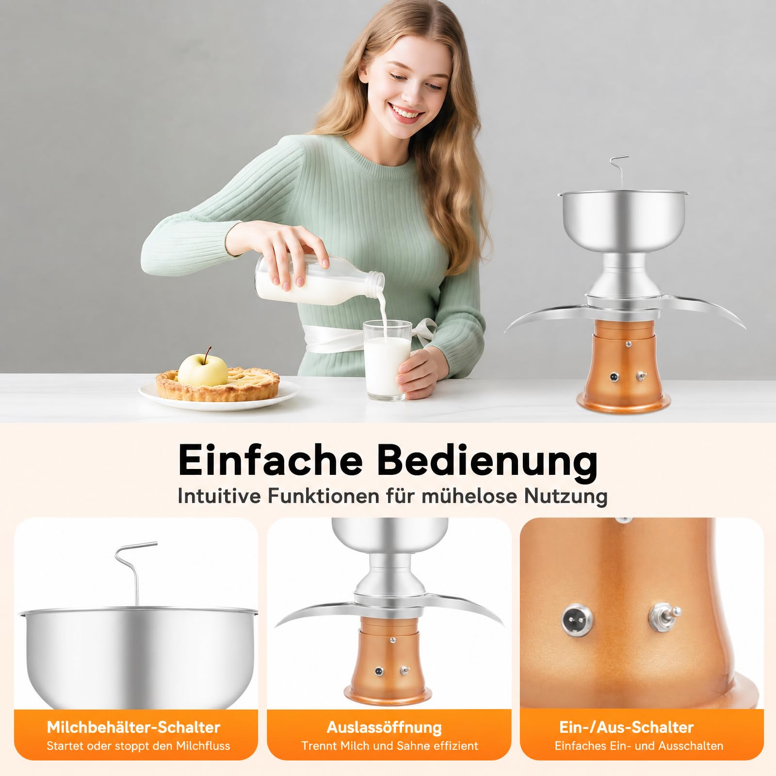 Elektrischer Milchabscheider mit 5L Milchtank, 50L/H Elektrische Milchzentrifug für Kuhmilch Ziegenmilch, Einstellbarer Sahneanteil, Starke Zentrifugalkraft