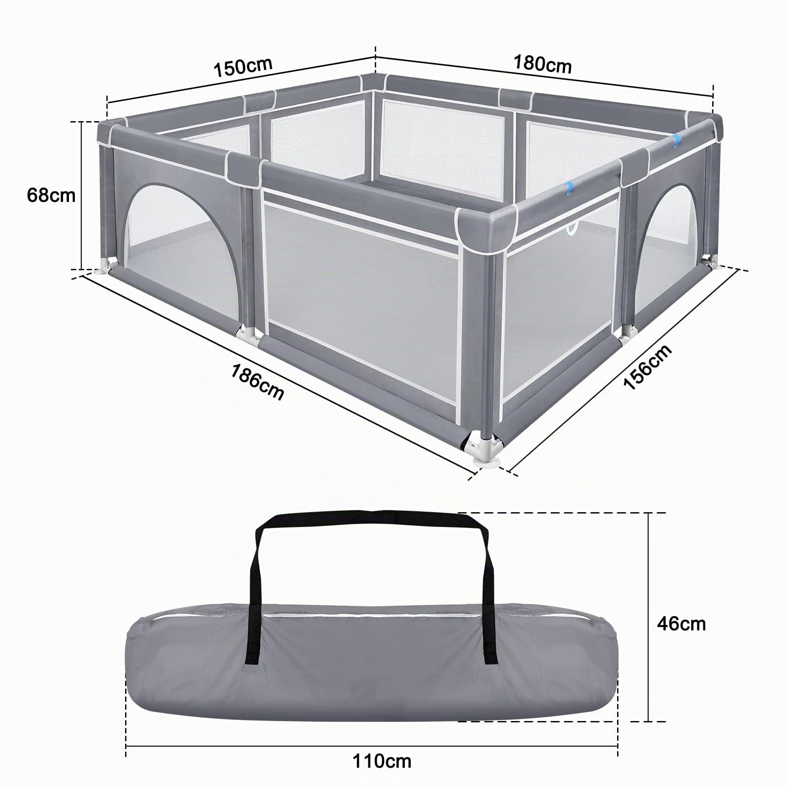 LZQ Recinto Gioco Grigio per Bambini, Ventose Fisse, 150x180x68 cm | Rete traspirante trasparente, struttura robusta, antiscivolo, sicura protezione bimbi, montaggio semplice e veloce