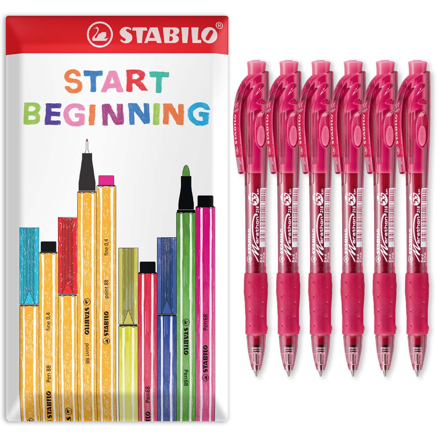 STABILO marathon - Retractable Ballpoint Pen - Fine 0.7mm Nib Pens - Envelope Gift Pack of 6 (Red) — image 1