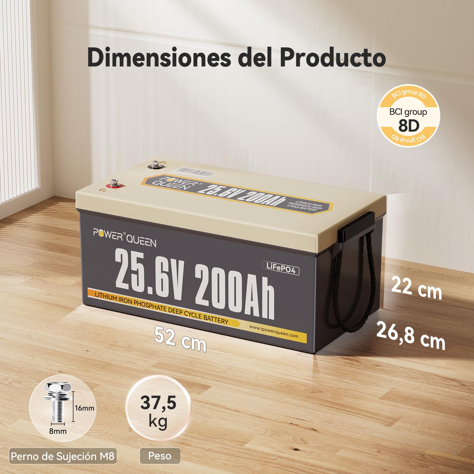 Power Queen 24V 200Ah Batería LiFePO4 Deep Cycle para Energía Solar | 200A BMS,4000-15000 Ciclo Profundo,5120Wh de Energía,IP65,Max.4P4S para Motores de Arrastre,Barco,Fuera de La Red