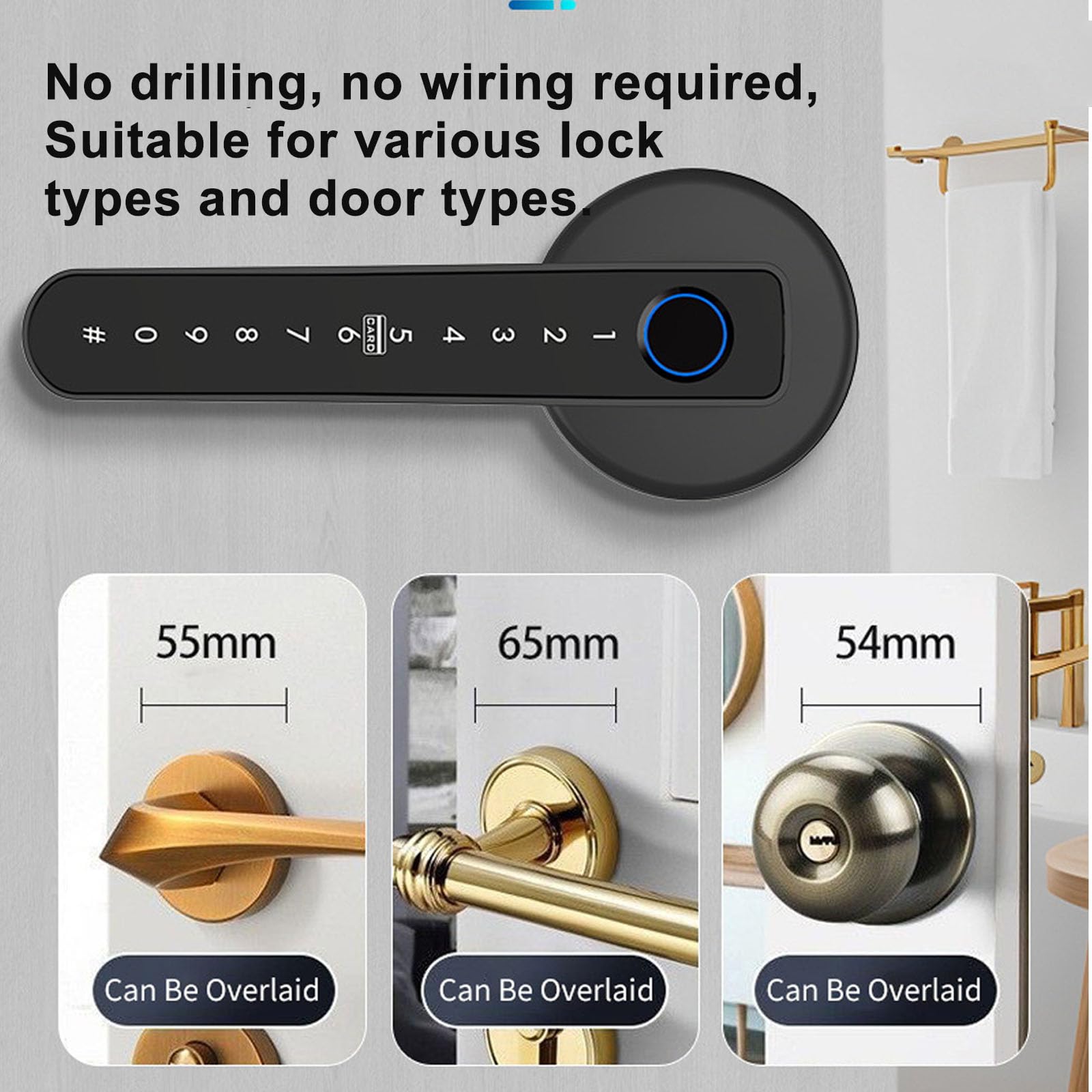 Cerradura de puerta con huella dactilar - Acceso 5 en 1: aplicación, tarjeta IC, contraseña, llave | Funciona con pilas, se adapta a puertas izquierdas/derecha (35-55 mm de grosor) | Mango electrónico