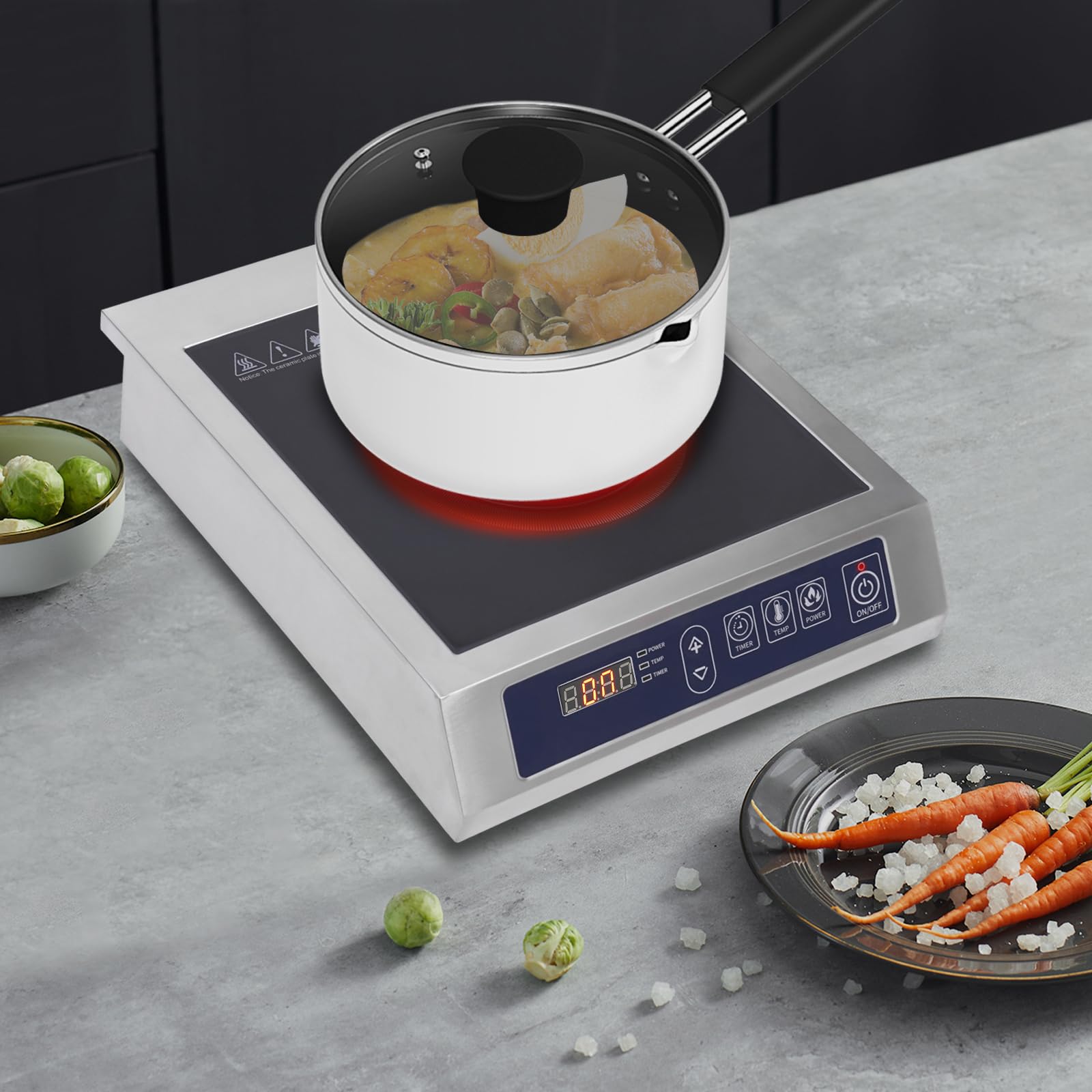 Placa de inducción de 3500 W, placa de inducción individual, placa de inducción, encimera con engranaje de 10 temperaturas, placa de cocina profesional de acero inoxidable con control táctil