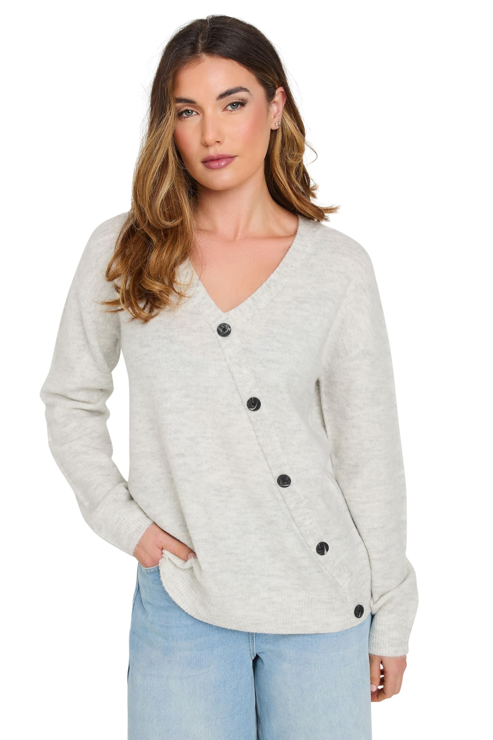 Long Tall Sally - Lts Tall Marl Knit Wrap Button Jumper - Womens Grey