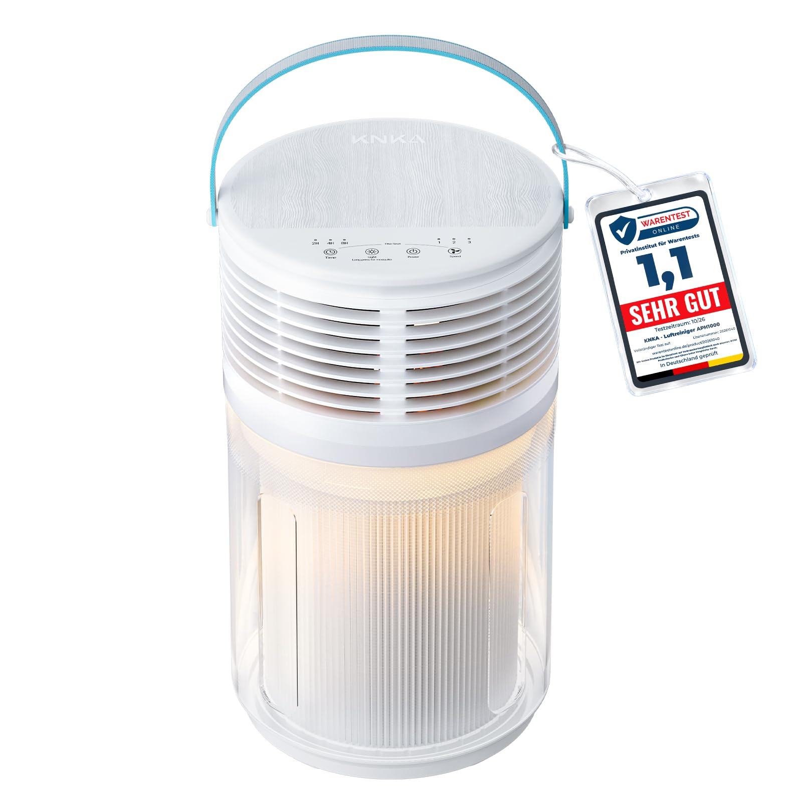 KNKA HEPA Luftreiniger für Allergiker, Pollen & Allergene, kompakt, Weiß | HEPA Air Purifier, 100 m³/h CADR, 4 Stufen, 2/4/8h Timer, warmes Licht, Aromabox, leise & tragbar für Schlafzimmer & Büro