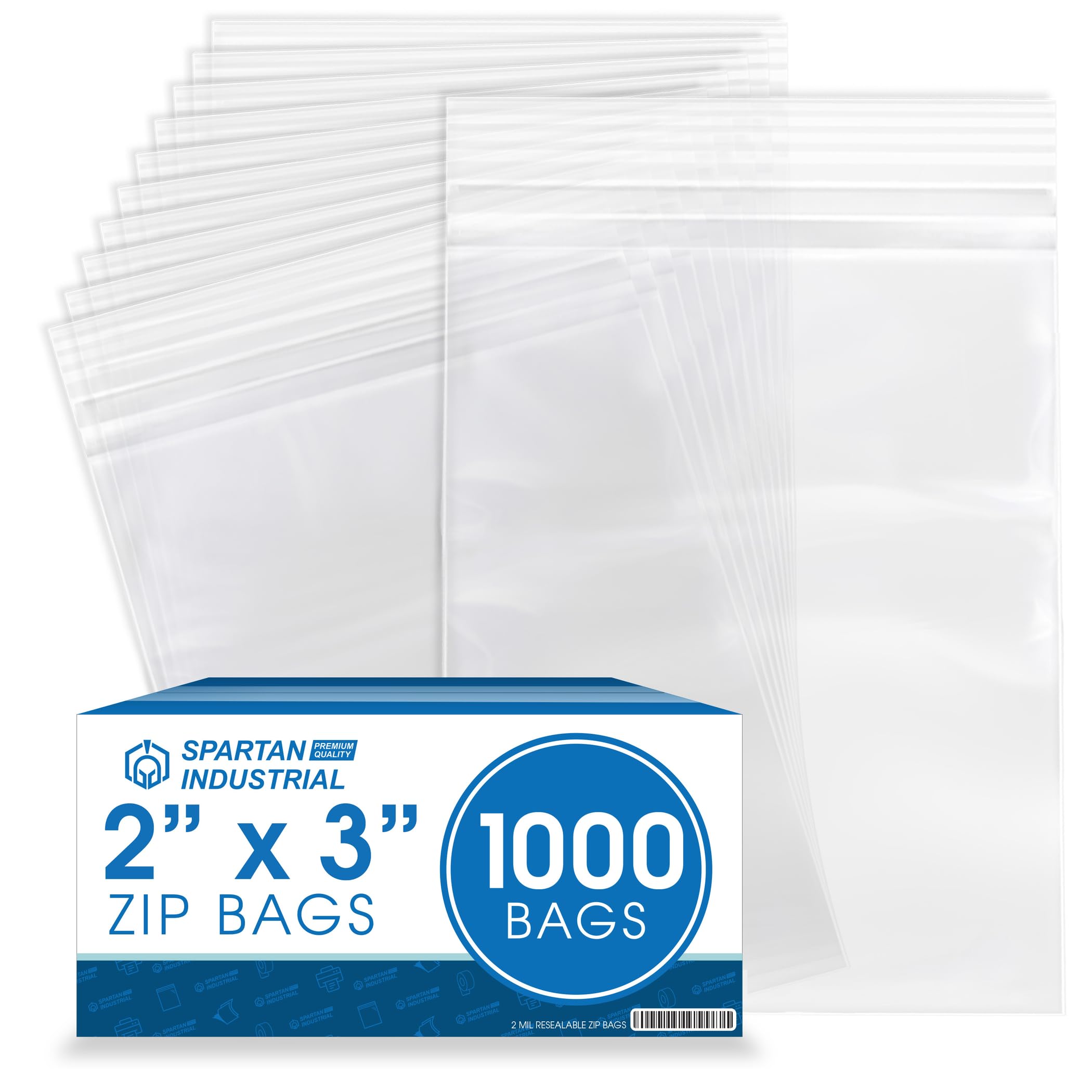 Spartan Industrial - 2” X 3” (1000 Count) 2 Mil Clear Reclosable Zip Plastic Poly Bags with Resealable Lock Seal Zipper