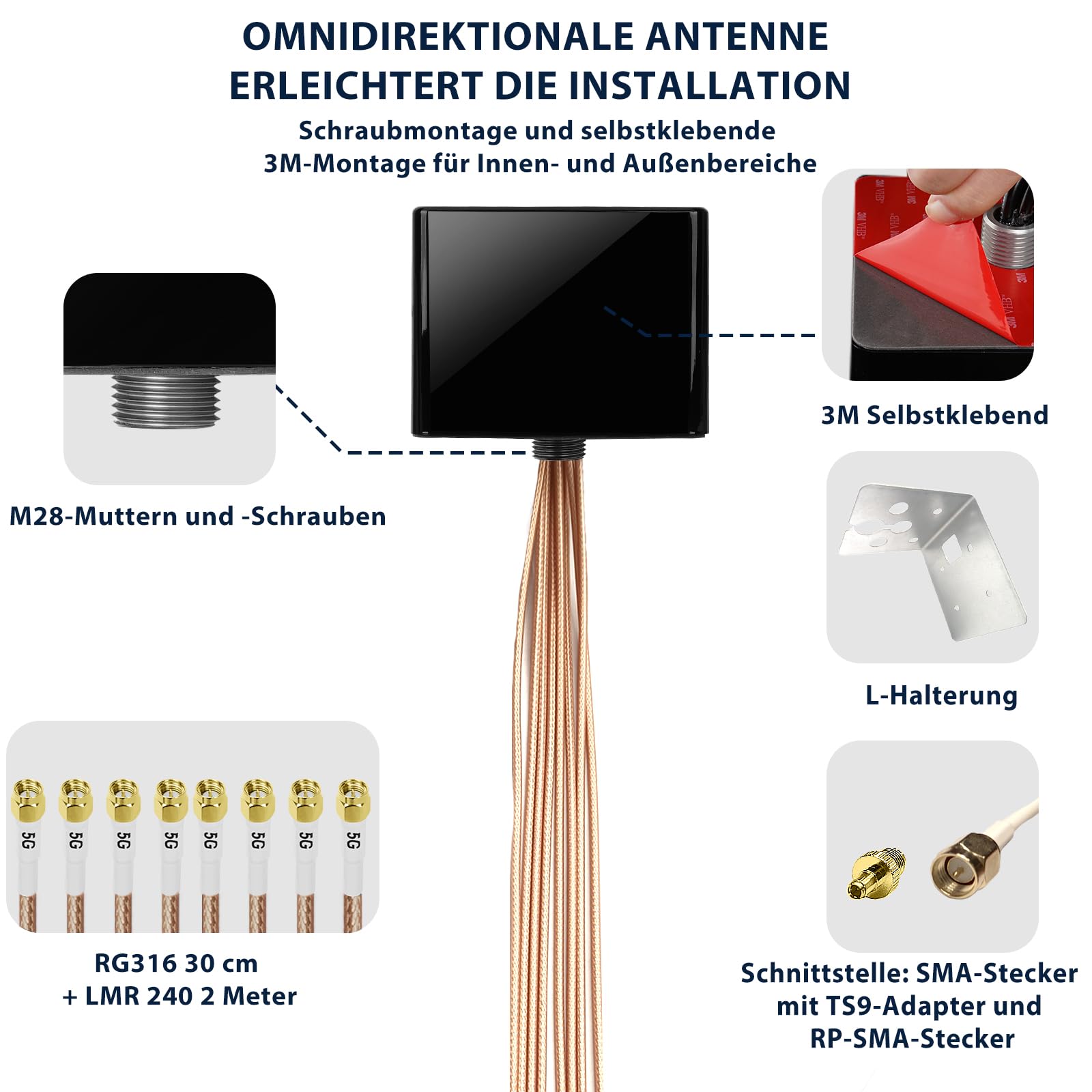 Maswell Antenne 4G LTE 5G 8X8 MIMO Outdoor Up to 6dBi, Cross Polarized 600-8000MHz Cellular Omni Antenne externe pour routeurs et passerelles, SMA-Male & TS9 & RP-SMA Kit complet