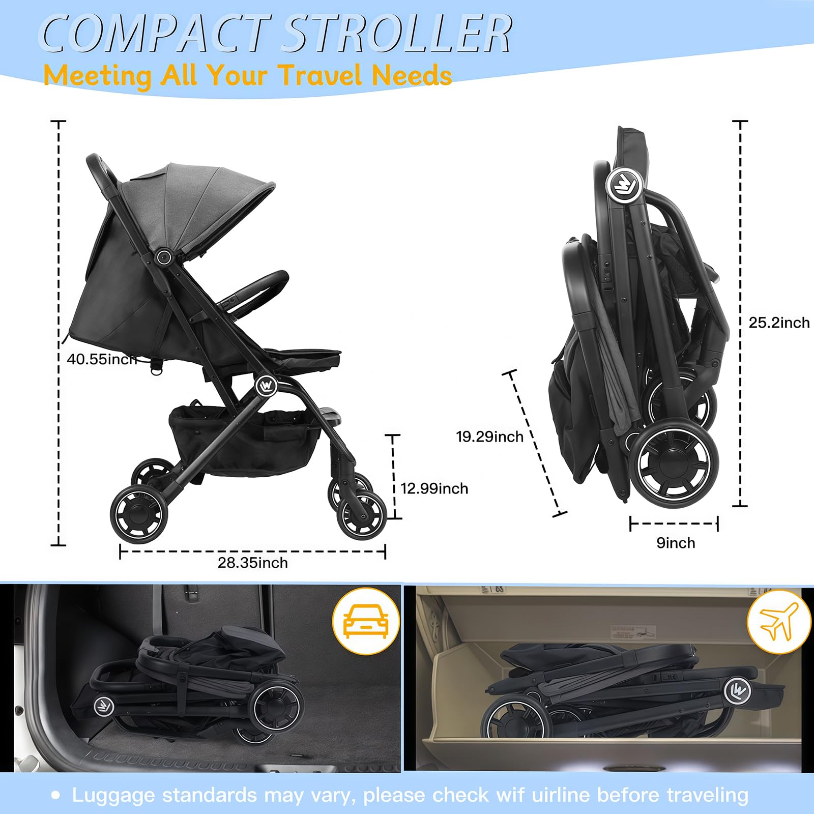 Leichter Kinderwagen, Kompakter Reisebuggy mit Ausziehbarem Fußsack & Schlafverdeck, Einhand-Einfaltbarer Buggy, Verstellbarer Sitz für Kleinkinder 0-36 Monate
