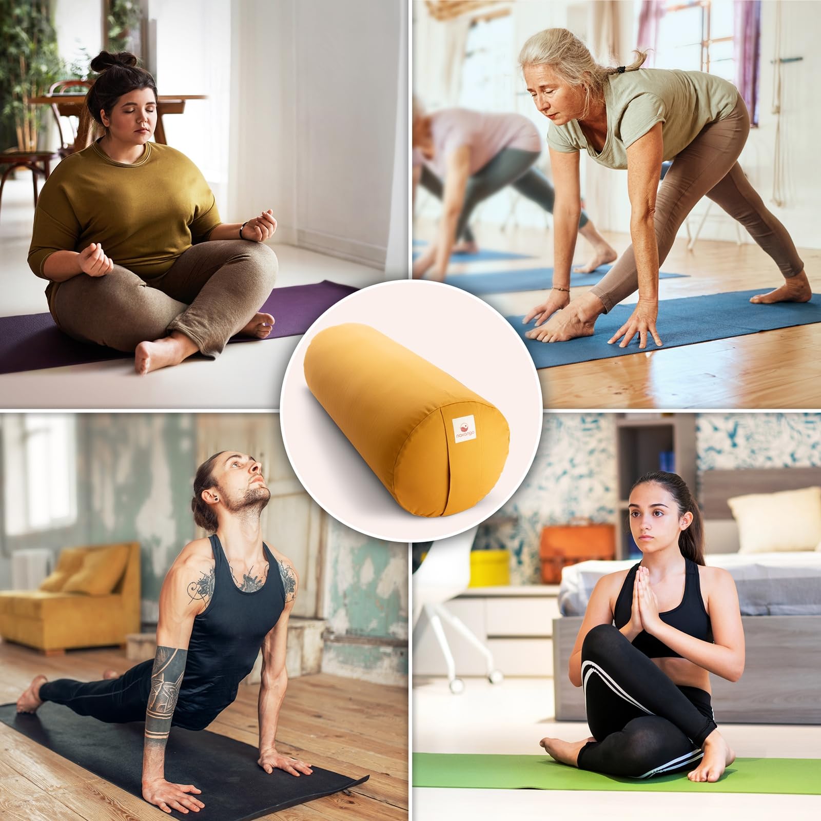 Yoga Bolster – Handmade in Germany, 24cm x 64cm | Yoga Rolle mit praktischem Tragegriff, 100% Dinkelspelz Füllung, Waschbarer Bezug 100% Baumwolle