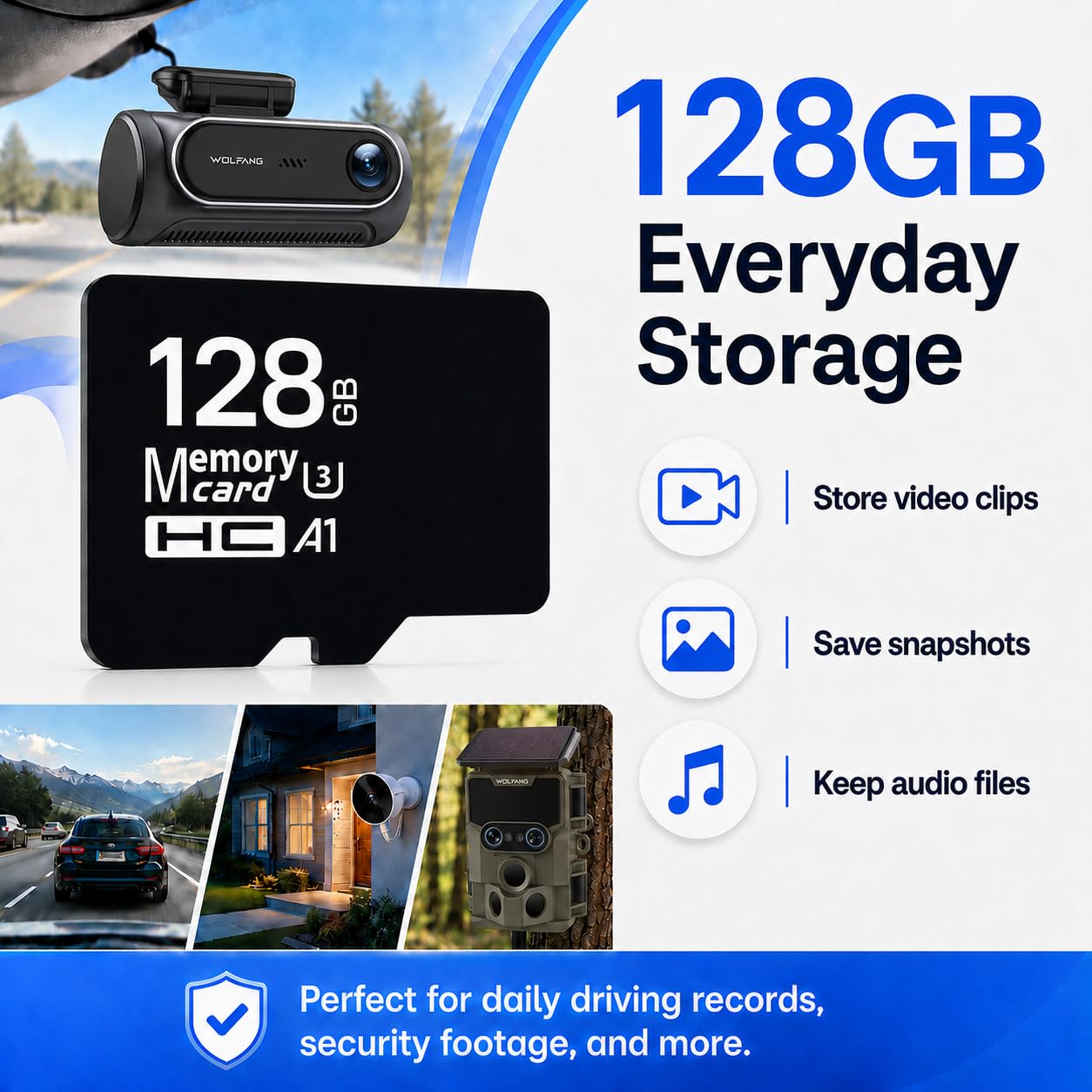 WOLFANG Tarjeta de Memoria Micro de 128 GB, Clase 10, Tarjeta TF de Alta Velocidad para cámaras Digitales, teléfonos móviles, cámara de Vida Silvestre, cámara de salpicadero, Reproductores de MP3