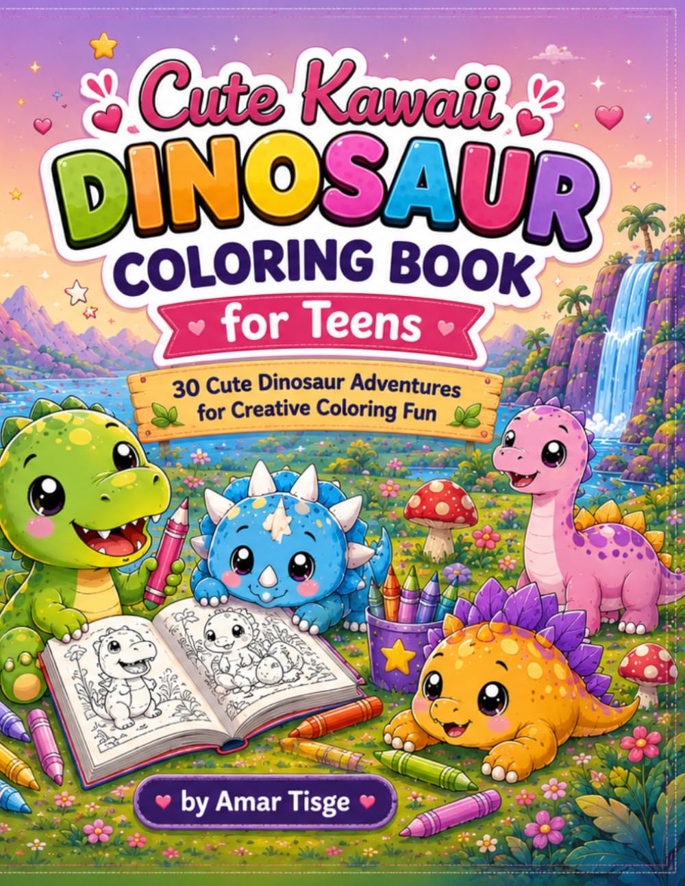 Cute Kawaii Dinosaur Coloring Book for Teens: 30 Cute Dinosaur Adventures for Creative Coloring Fun