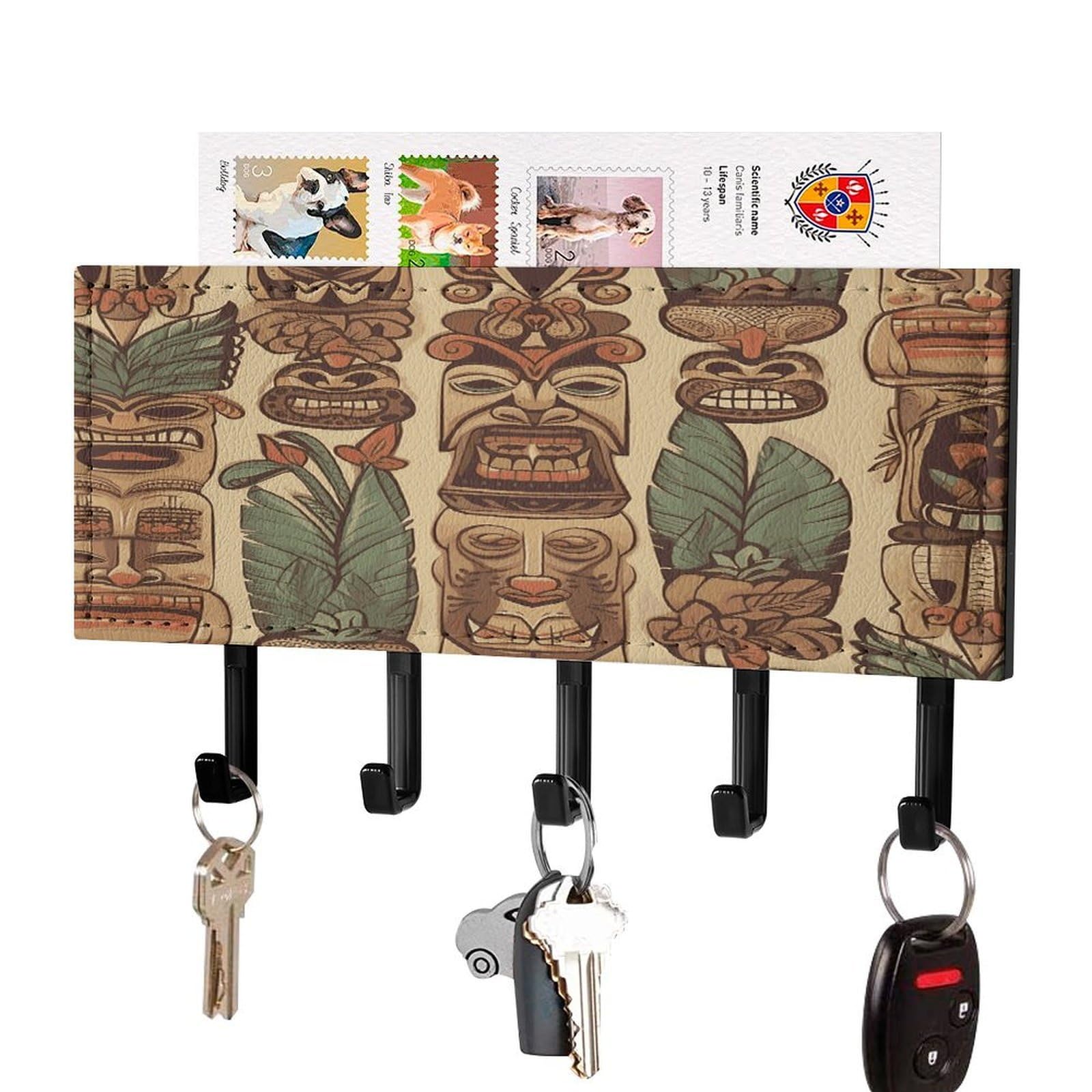 Ldgsuph Black-Style Vintage Aloha Tiki Key Holder Wall Mount Key Hanger With 5 Hooks Fashion Key Organizer Rack Hanging Key Hooks With Mail Organizer Key Rack For Home Entryway Hallway