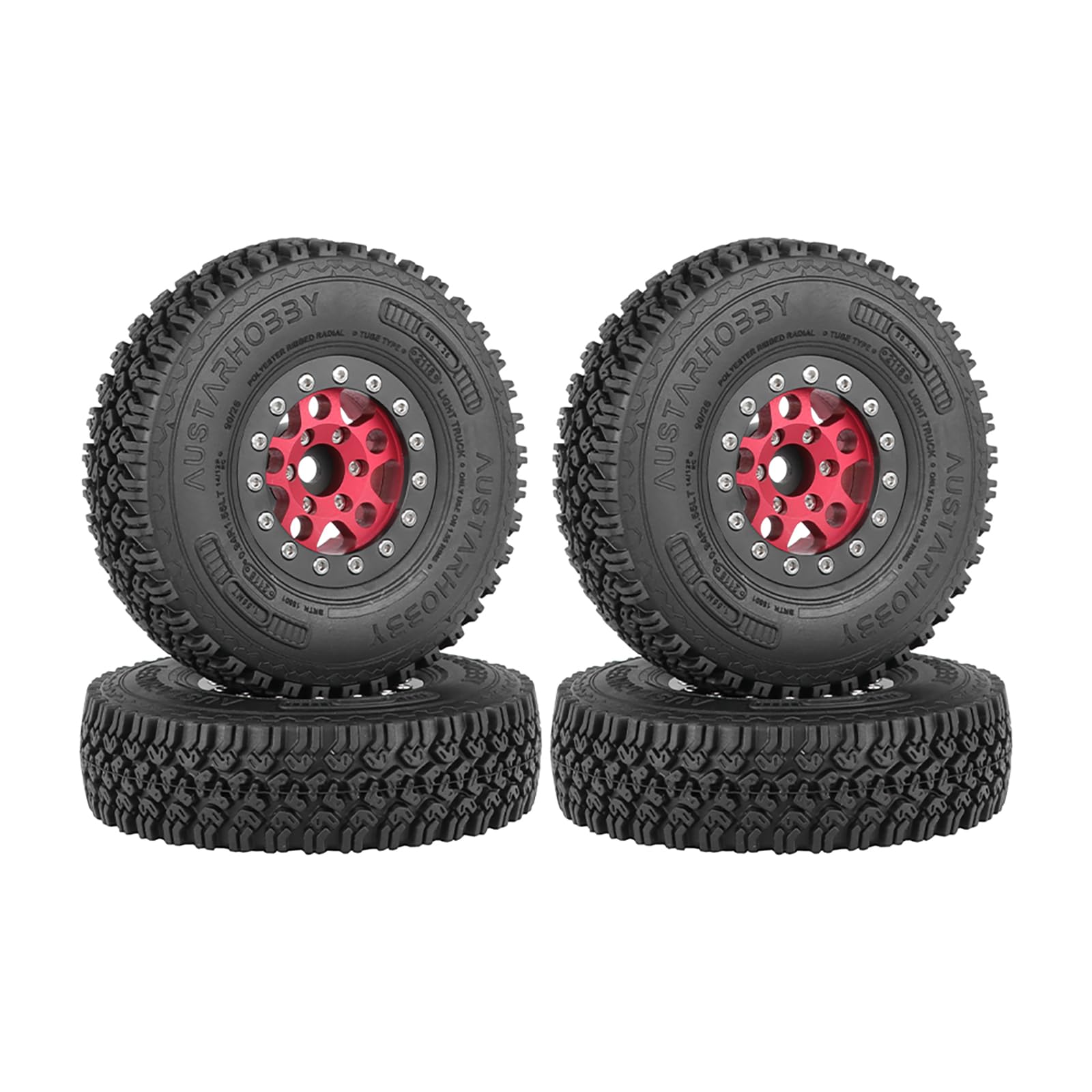 KINGCOO 4PCS 1.55Inch Aluminum Alloy Metal 5Spoke Beadlock Wheel Rims and Rubber Tires Set for 1/10 RC Rock Crawler Car for Axial AX90069 UTB18 D90 TF2 Tamiya Upgrade Parts (Red, 90MM)