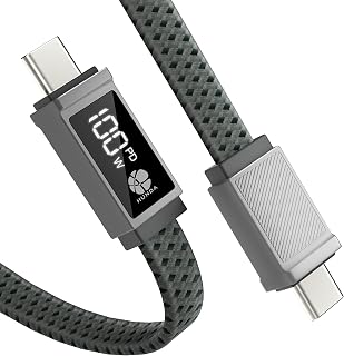 HUNDA USB C to USB C Cable 100W, USB C Cable with Display [6.56FT] Flat Braided Anti-Tangle Type C Cable for iPhone 15 Samsung Galaxy S22/S21/S20 Ultra, Note 20/10, MacBook,Dell xps,Pixel (Grey)