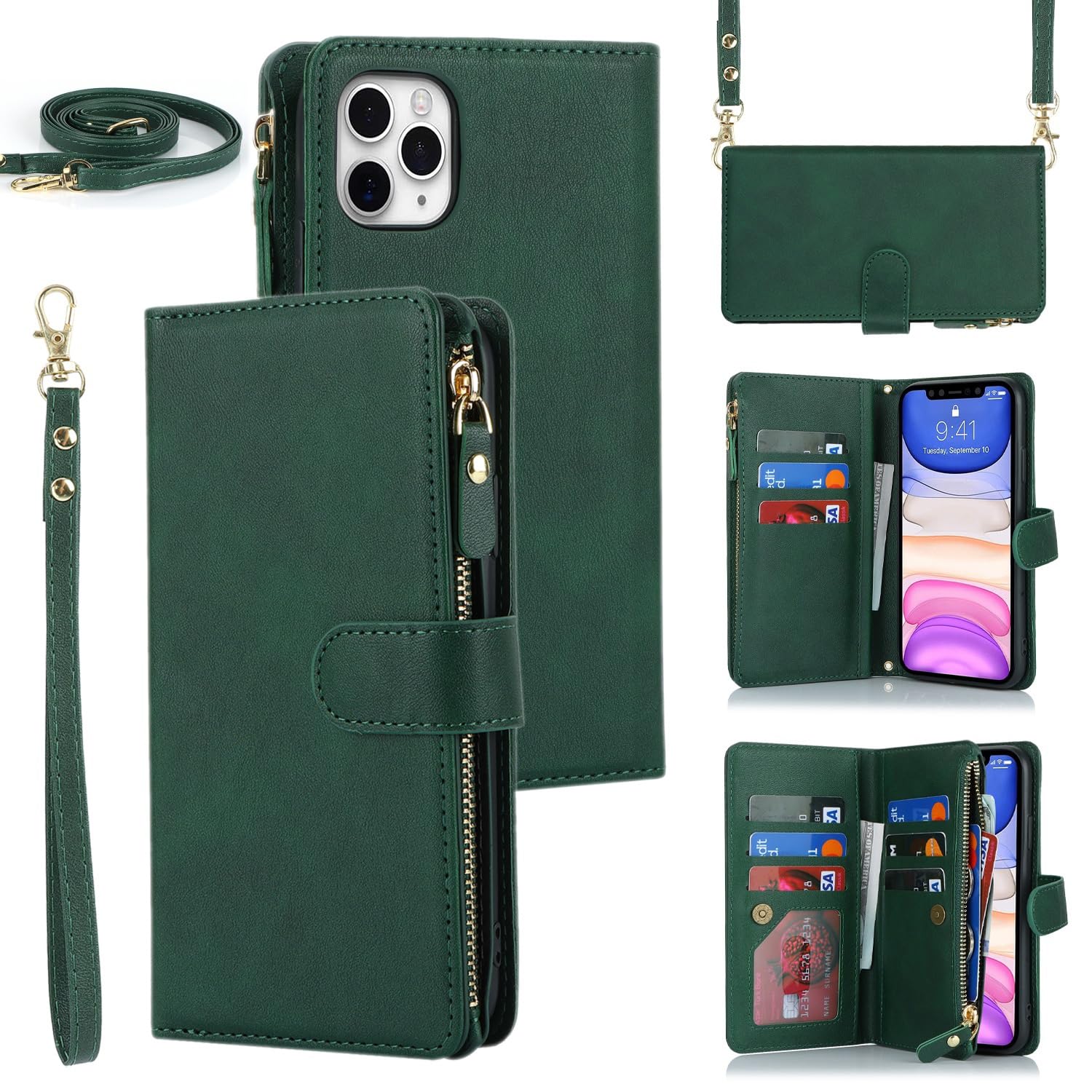 iCoverCase for iPhone 11 Pro Max Wallet Case with Card Holder, Crossbody Case with Wrist Strap, PU Leather Kickstand Zipper Card Slots [Not Detachable] Flip Cover Case 6.5 Inch (Green)